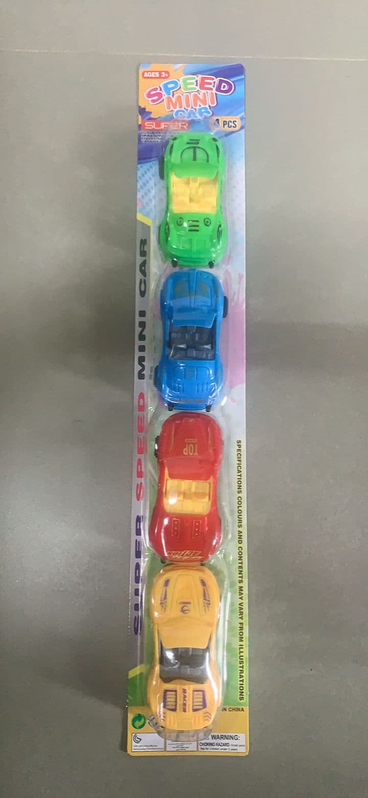 4 Solid Color Pad Printed Sliding Race Cars
