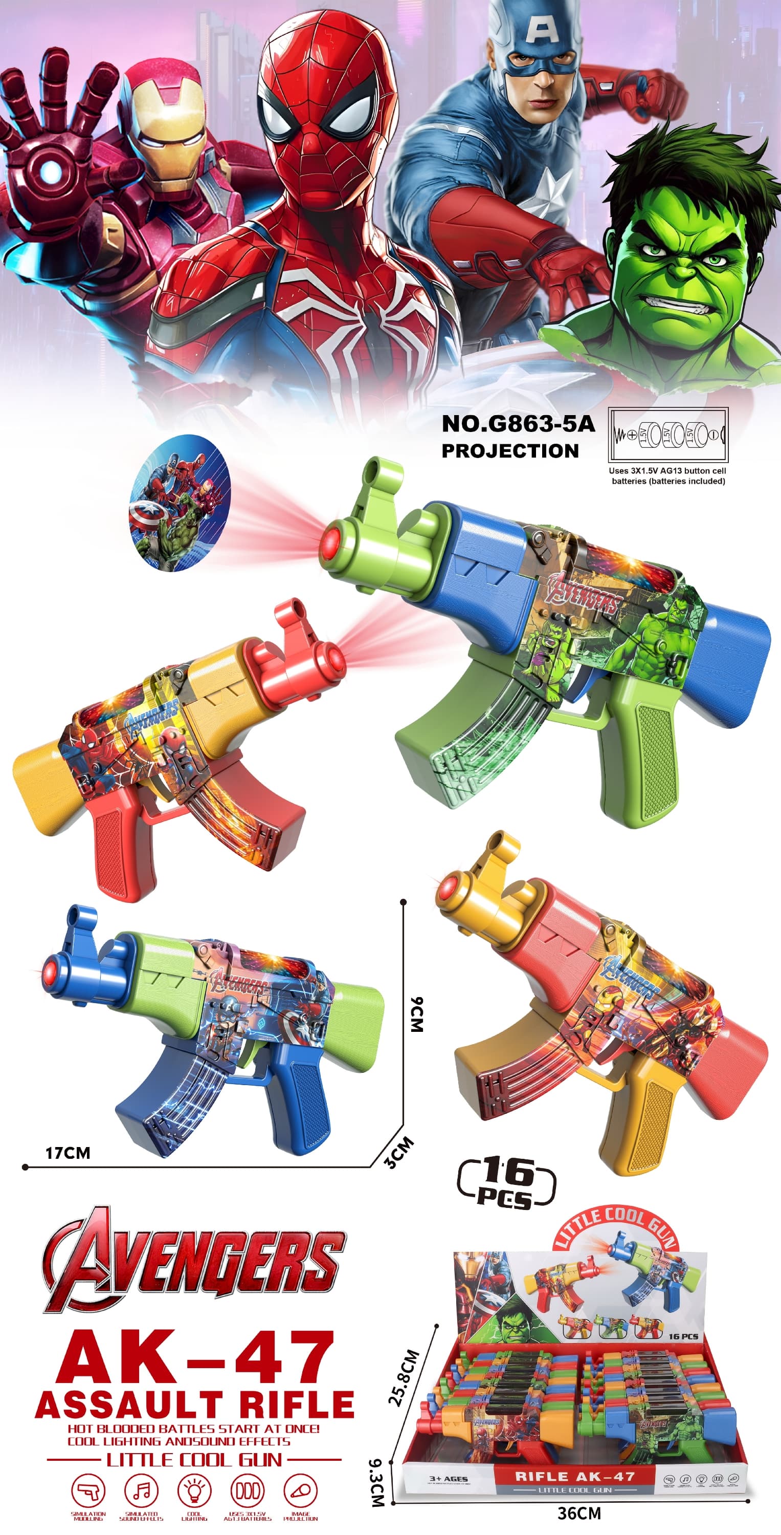 AK-47 Avengers Alliance Light & Sound Music Projection Cool Gun GCC (Includes 3x AG13 Batteries) Light & Sound Voice Gun, Light & Sound Projection Gun, Light & Sound Gun, Electric Gun, Musical Gun