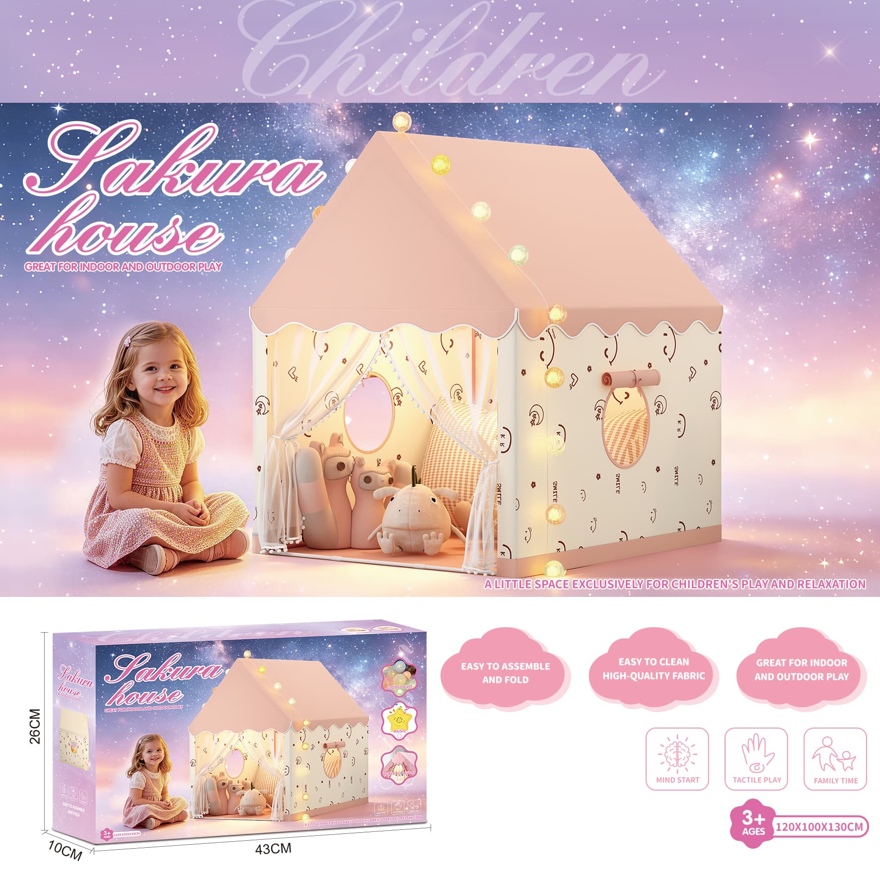 Kids Play Tent - Pink Round Window Playhouse, Minimalist Style, Single Door with Zipper, Exquisite Hand Carry Color Box
