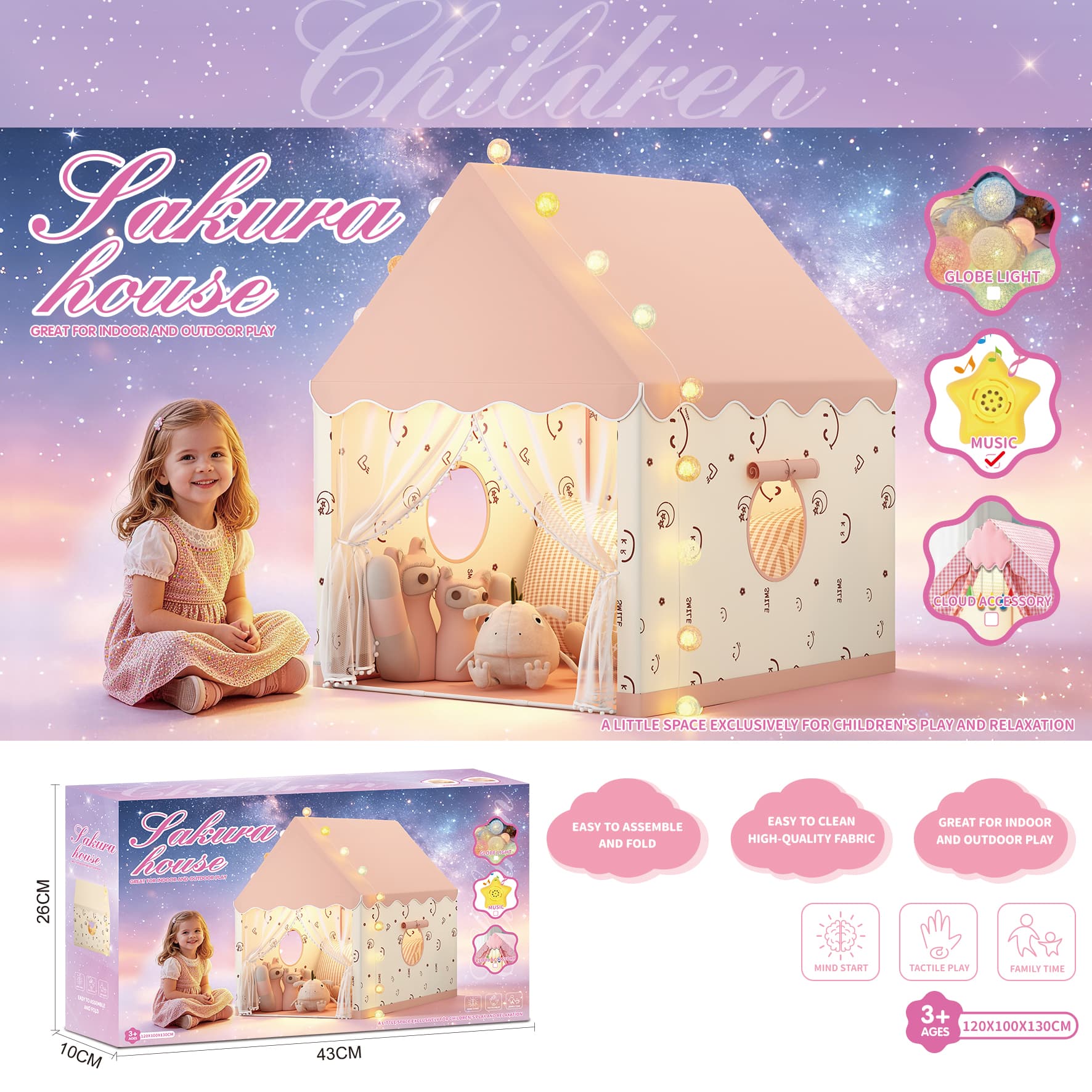 Kids Play Tent - Pink Round Window Whimsical House, Minimalist Style Single Door Zipper Design, Exquisite Hand Carry Color Box Edition with Music