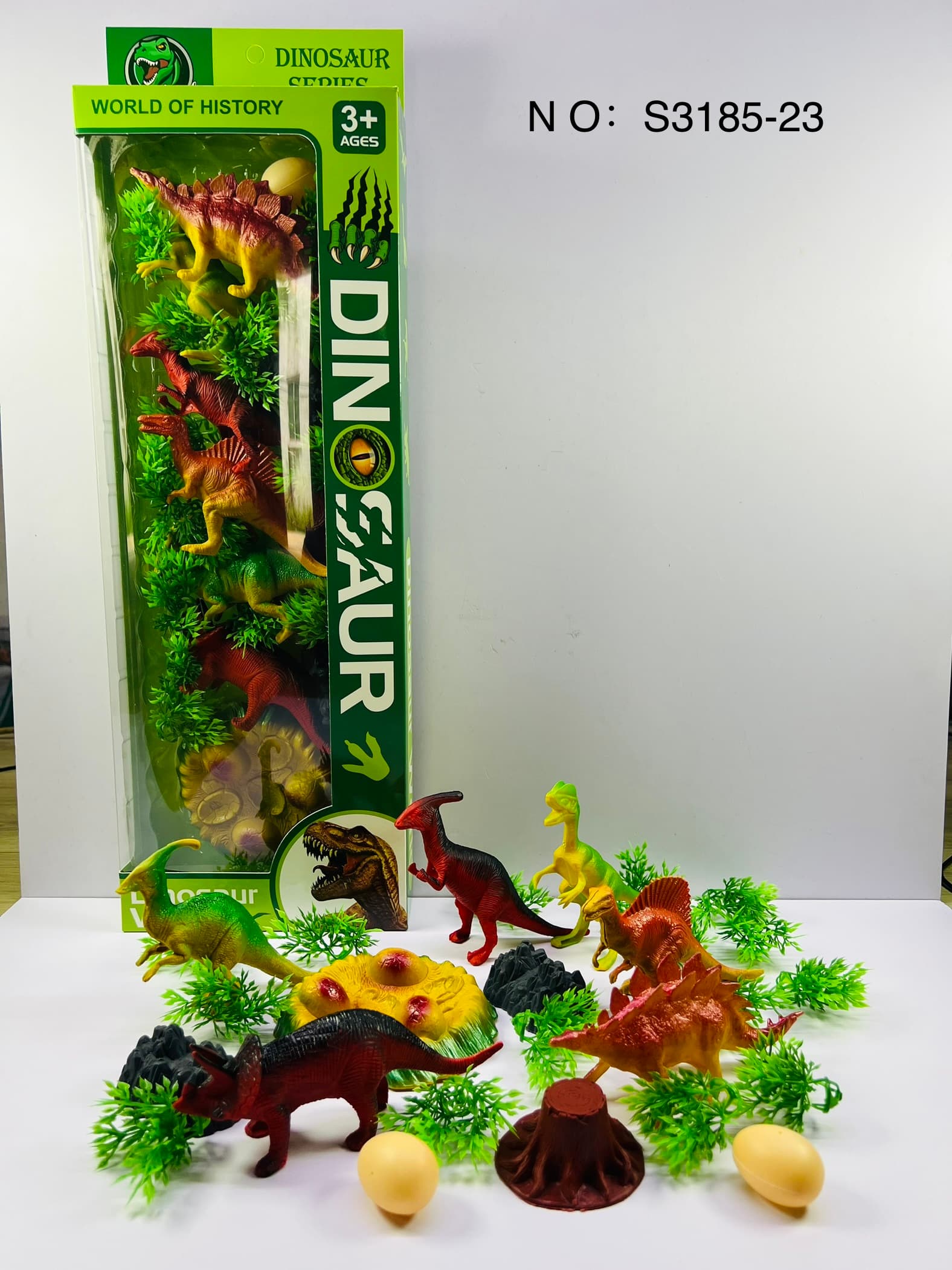 Dinosaur Set (6 Hollow PP Dinosaurs 14-15cm Long with Grass, Egg Nest, Stones, Tree Stump, and Dinosaur Eggs)