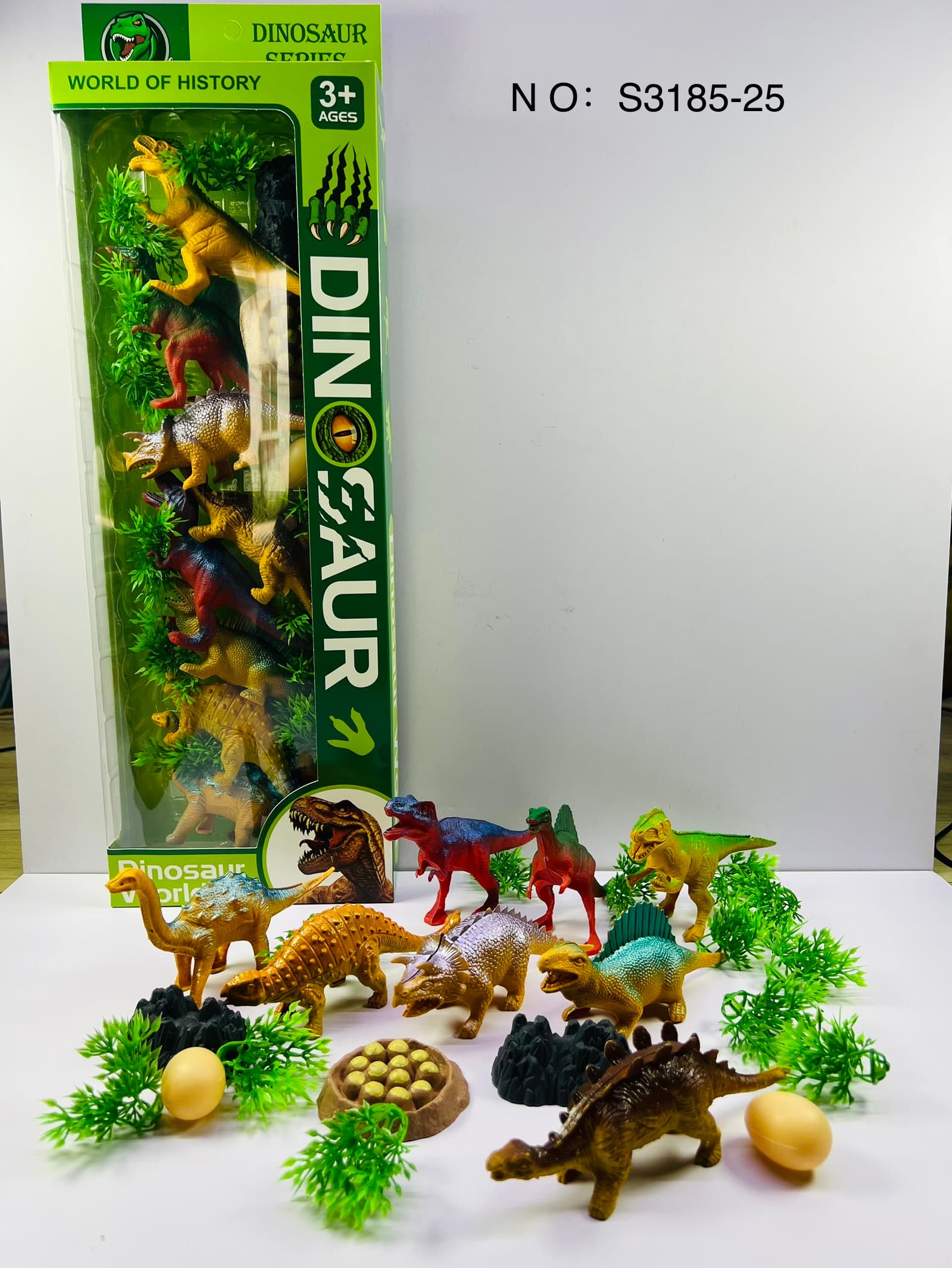 Dinosaur Set (8 Hollow PP Dinosaurs 14-15cm Long with Grass, Stones, Nest, and Eggs)