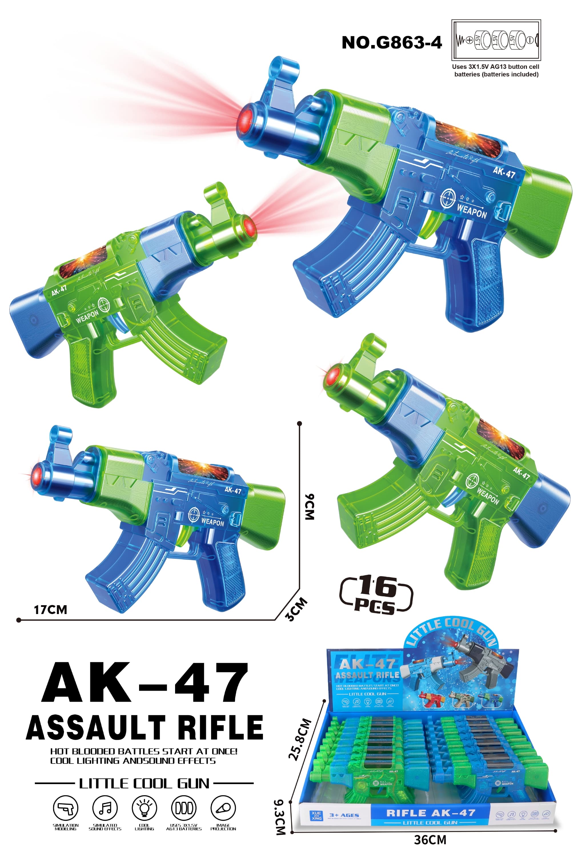 AK-47 Transparent Light & Sound Music Cool Gun GCC (Includes 3x AG13 Batteries) - Light & Sound Voice Gun, Electric Gun, Music Gun