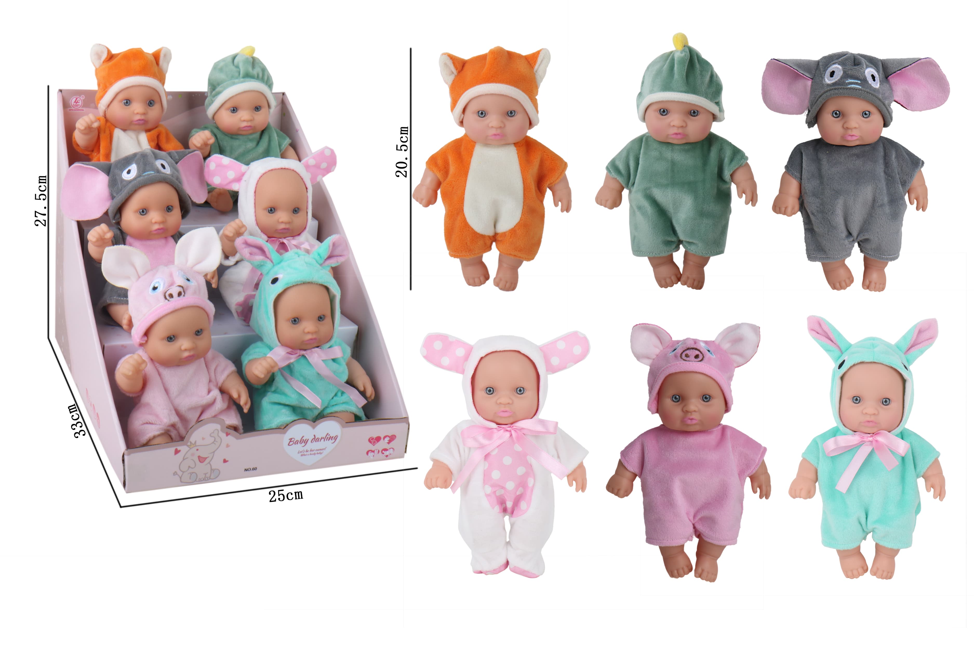 8-inch Full-body Vinyl Animal Figures (Gender-neutral Features) (Fox, Dinosaur, Elephant, Rabbit, Pig, Unicorn) - 6-Piece Display Box