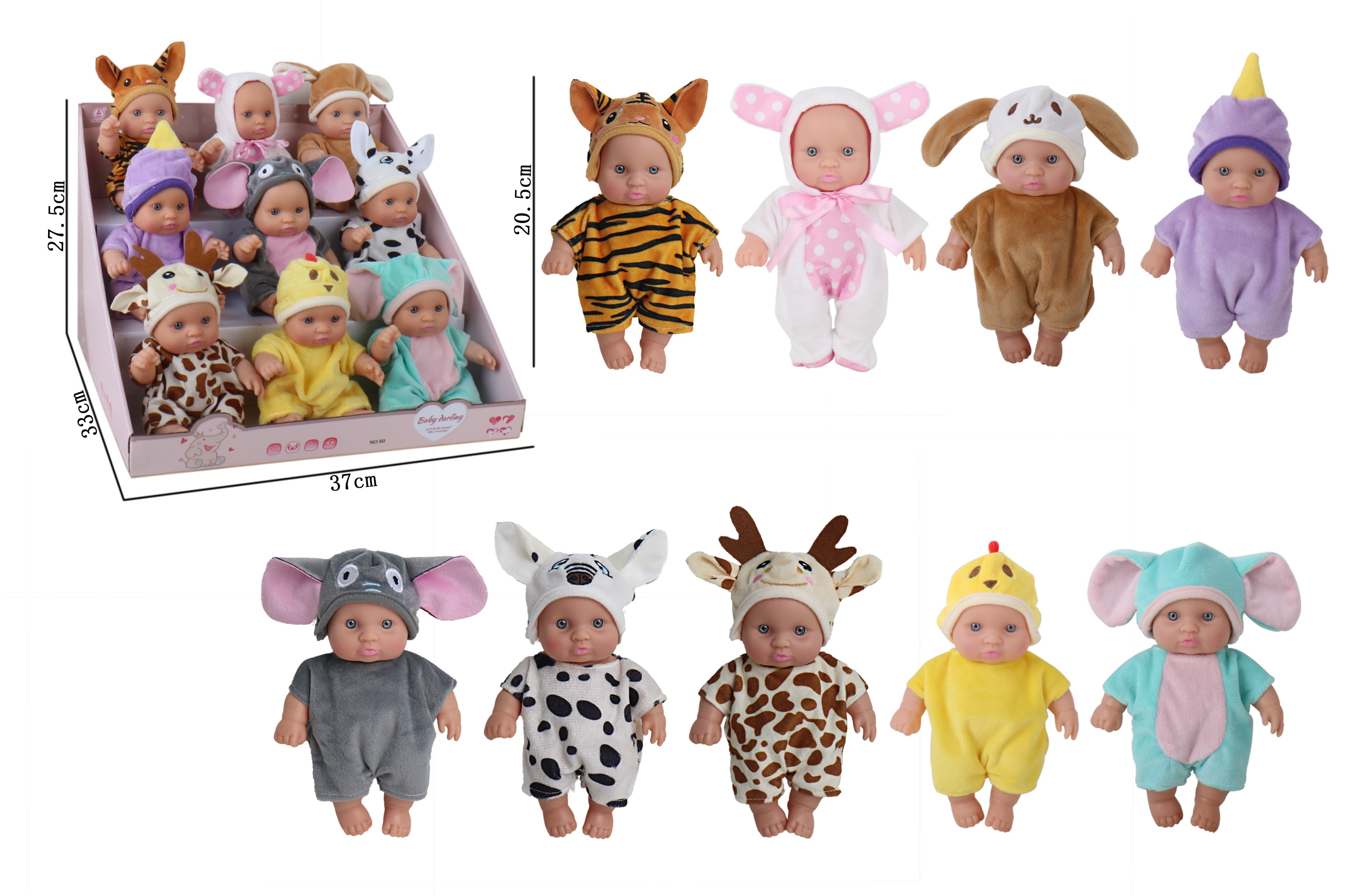 8-inch Non-IC Full-Body Vinyl Animals (Gender-Neutral) (Tiger, Rabbit, Dog, Unicorn, Elephant, Cow, Fawn, Chick, Elephant) Nine-Piece Display Case