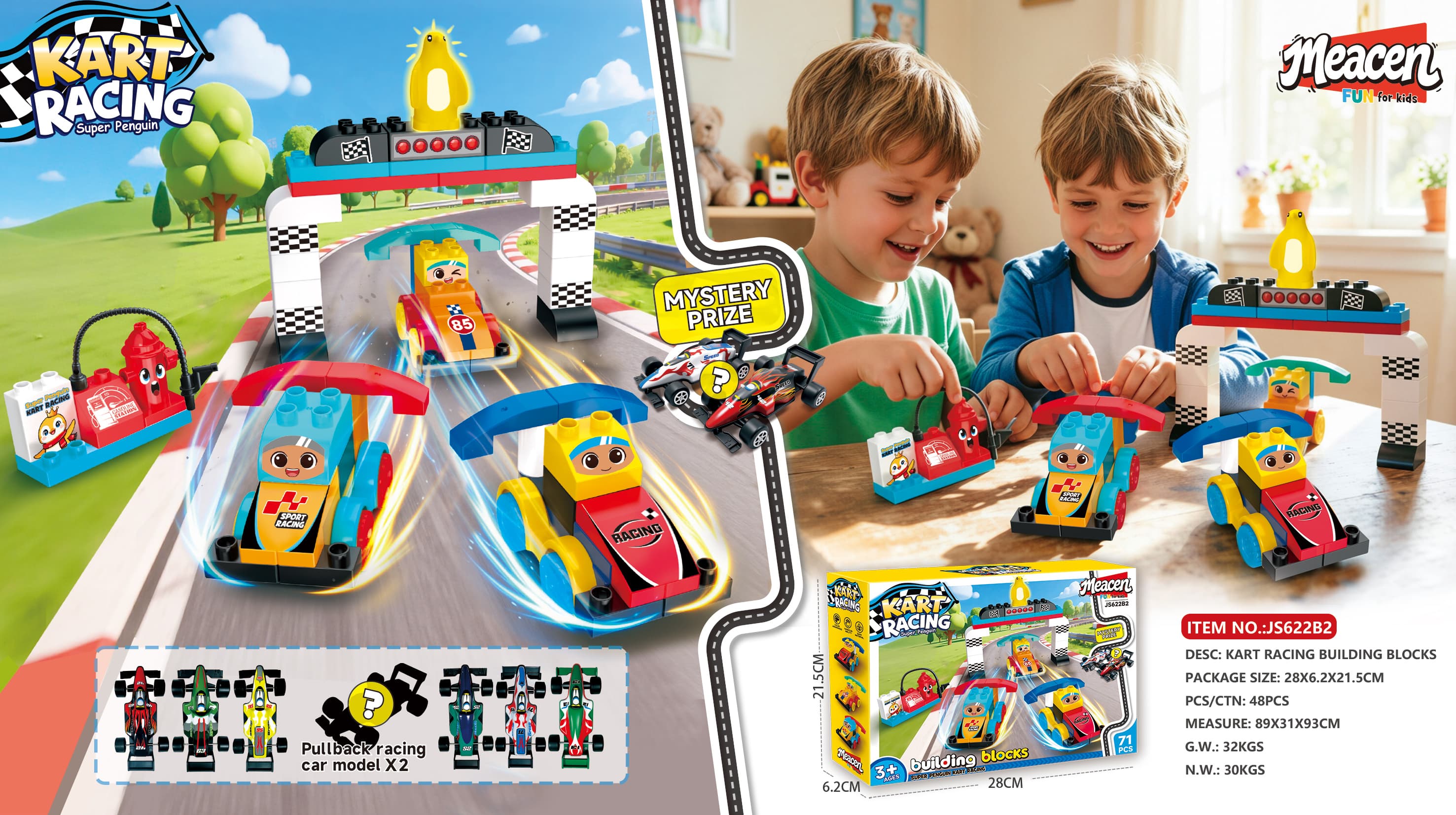 Go-Kart Race Large Building Blocks STEM Educational Toy with 2 Alloy Racing Car Prizes Included (71PCS)