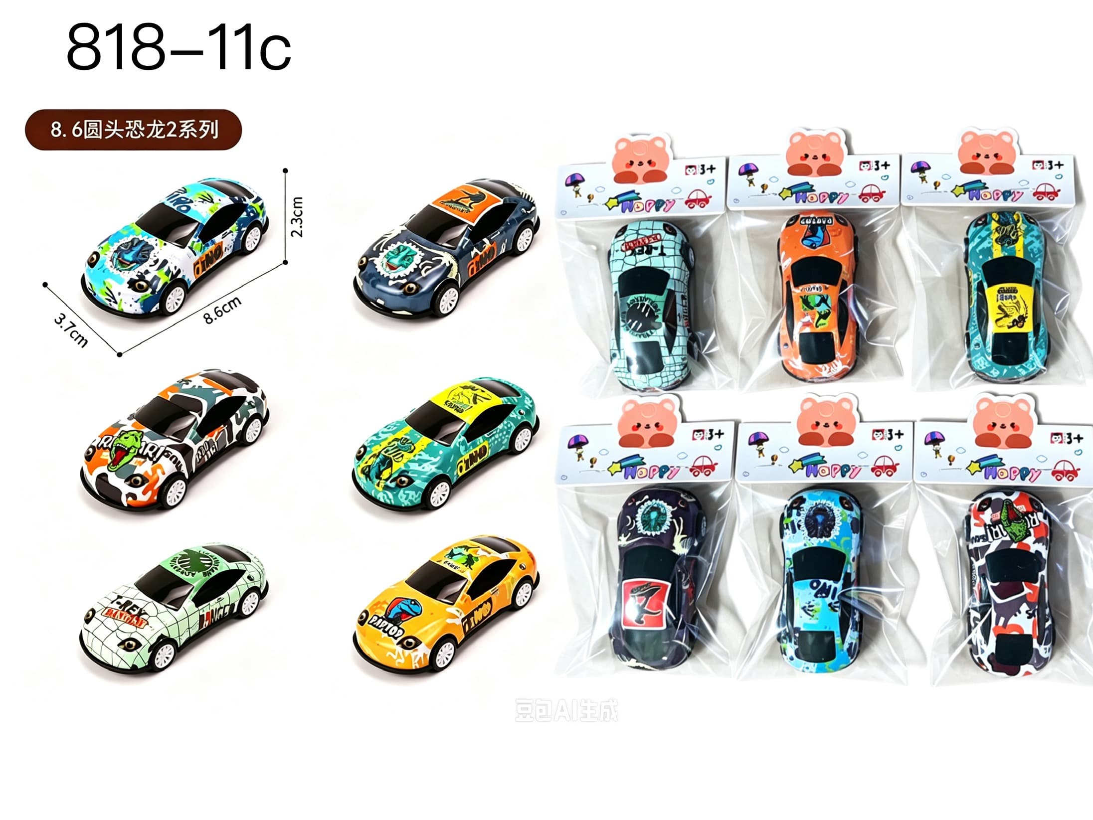 New 8.6cm Dinosaur-Themed Supercar Series Mixed Bag Head Card Metal Off-Road Racing Cars with Pull-Back Action, Suitable for Supermarket Promotions, Dollar Store Blind Boxes for Boys and Girls