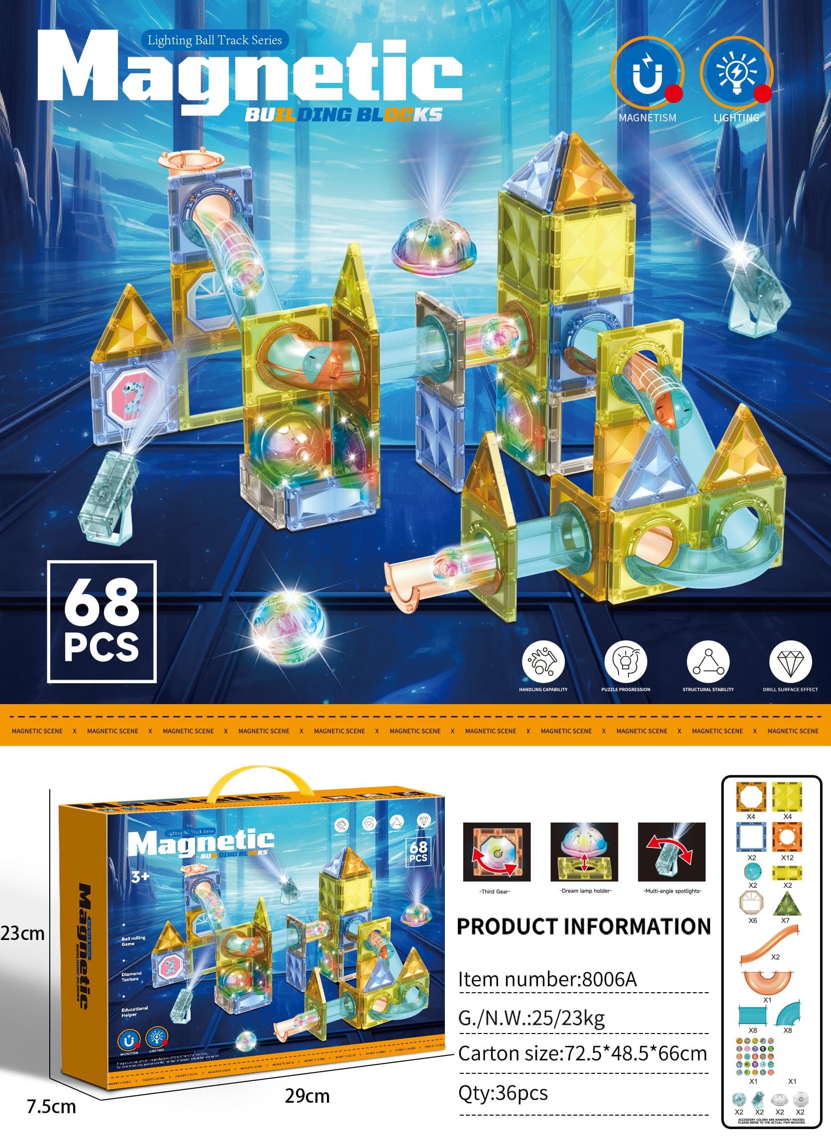 Light-Up Magnetic Tiles 68PCS