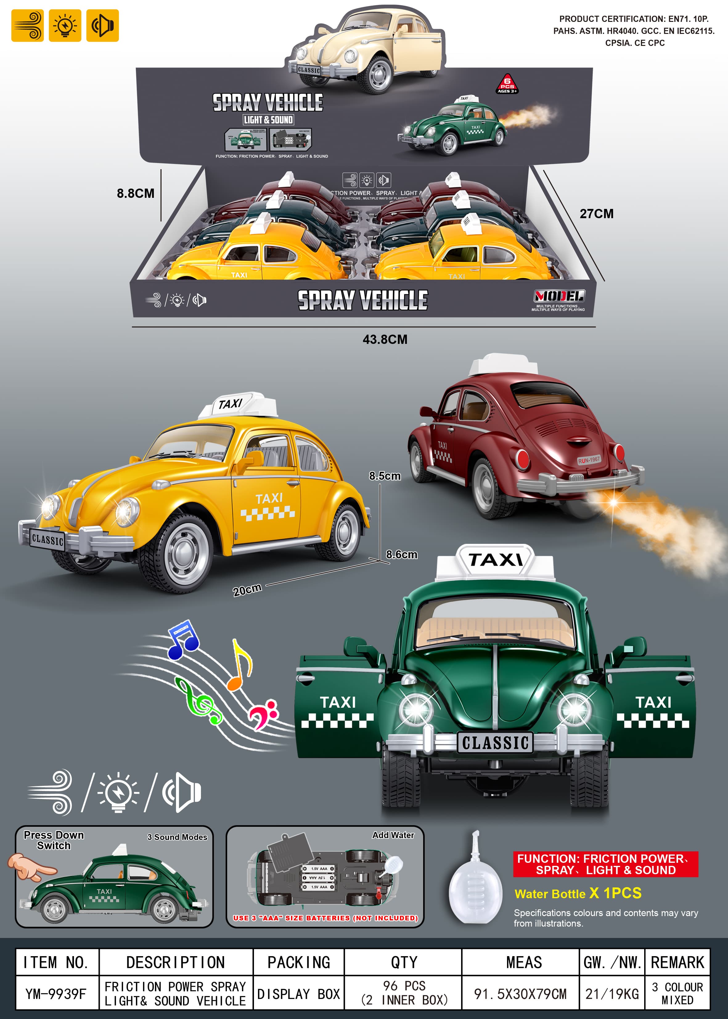 Inertia/Openable Doors/Lights/Music/Spray/Vintage Beetle Taxi (Includes Water Bottle)