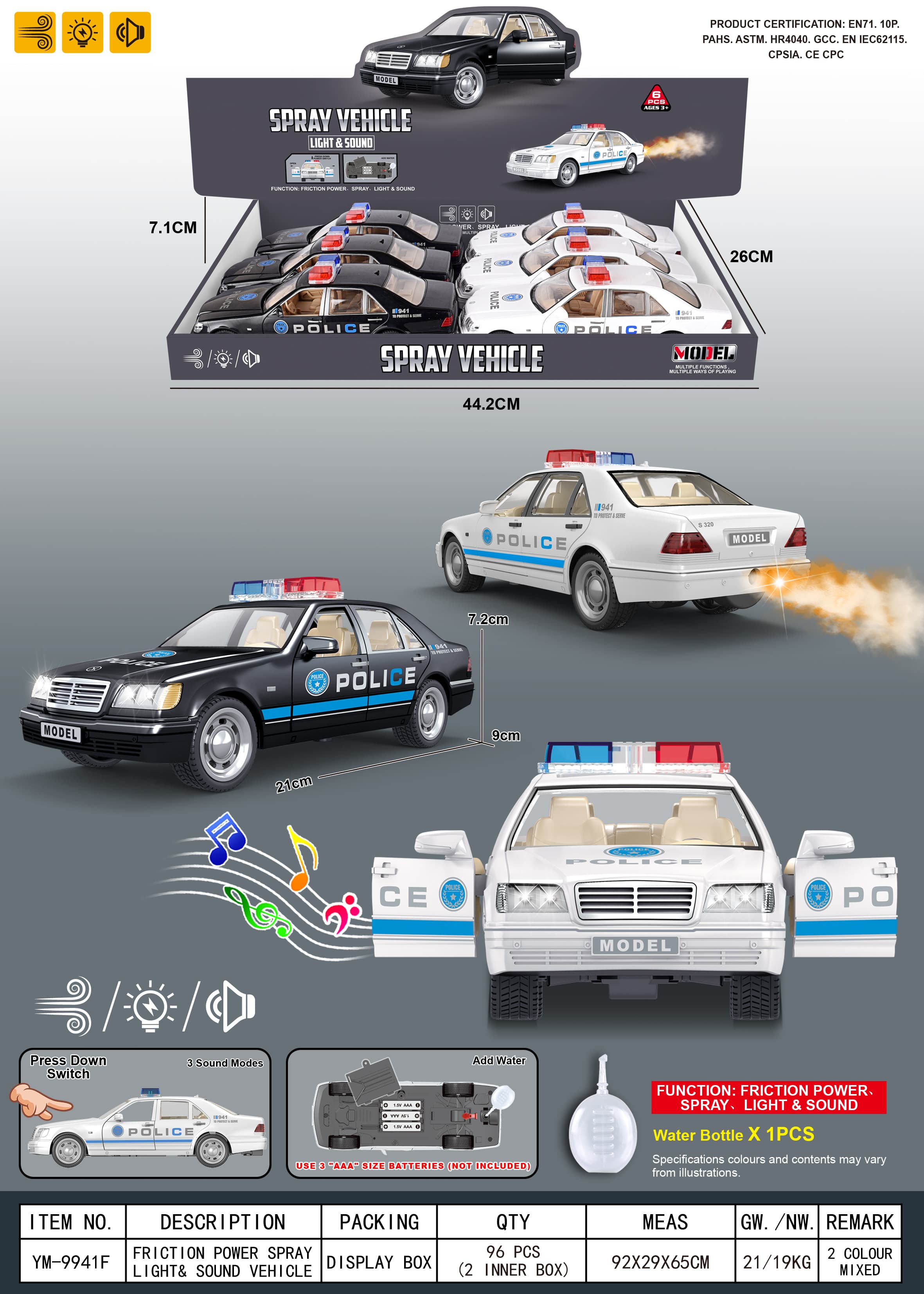 Inertia/Openable Doors/Lights/Music/Spray/Classic Mercedes-Benz S320 Police Car (Includes Water Bottle)