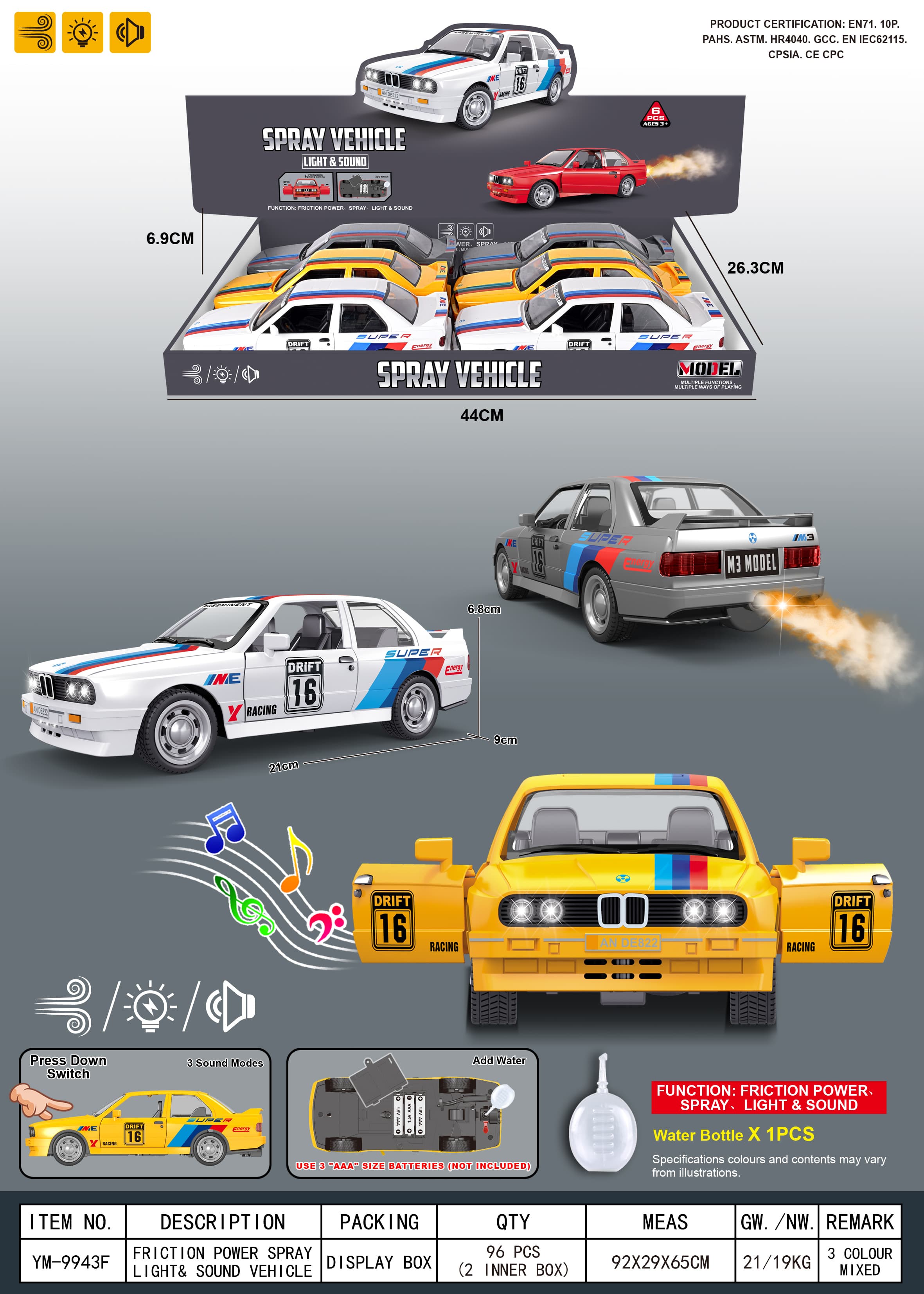 Inertia/Openable Doors/Lights/Music/Spray/Classic BMW M3 Simulation Racing Car (with Water Bottle)