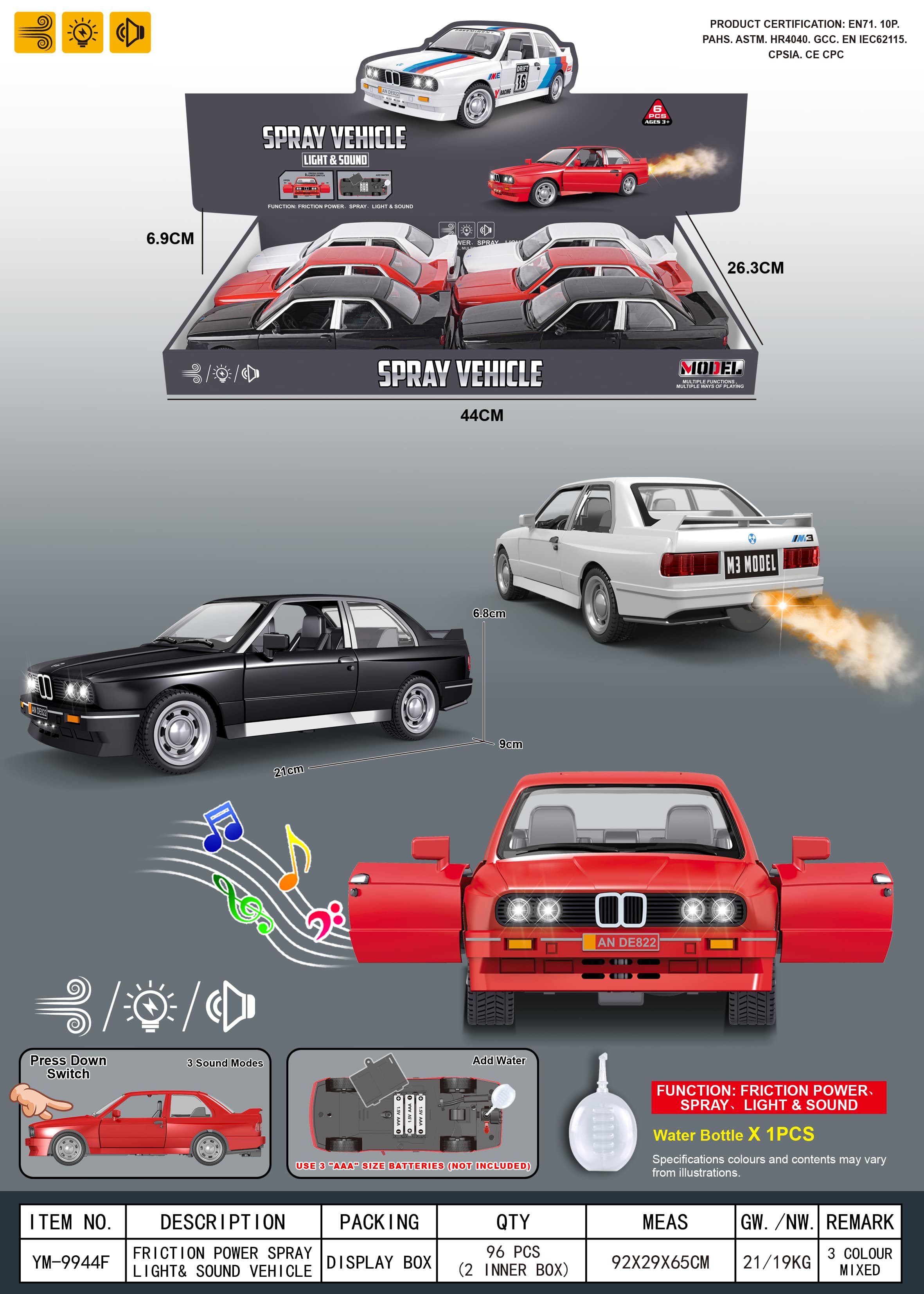 Inertia/Openable Doors/Lights/Music/Spray/Classic BMW M3 Simulation Car (with Water Bottle)