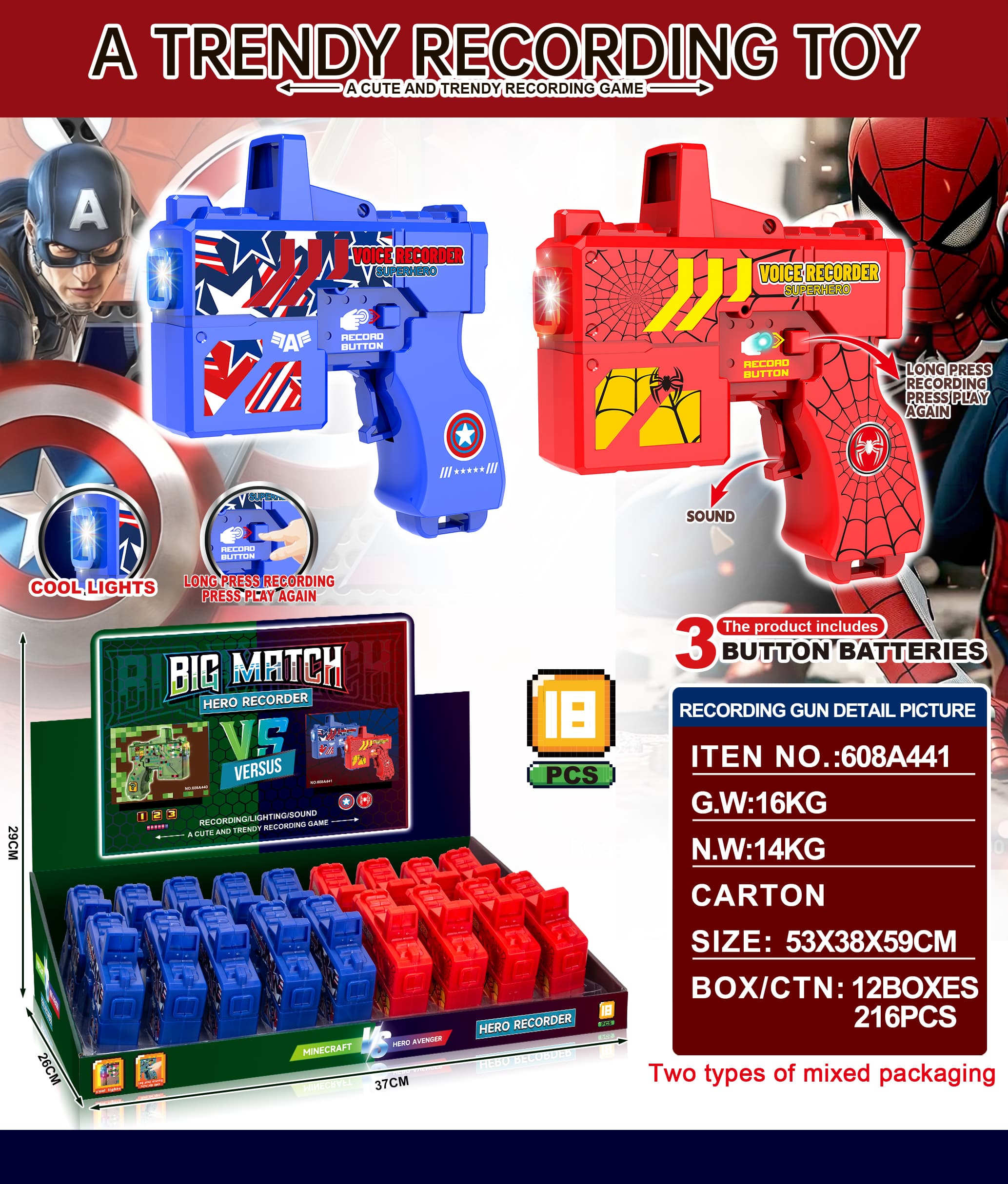 Hero Recording Gun with 2-Color Mixed Sounds/Gag Effects and Recording Function