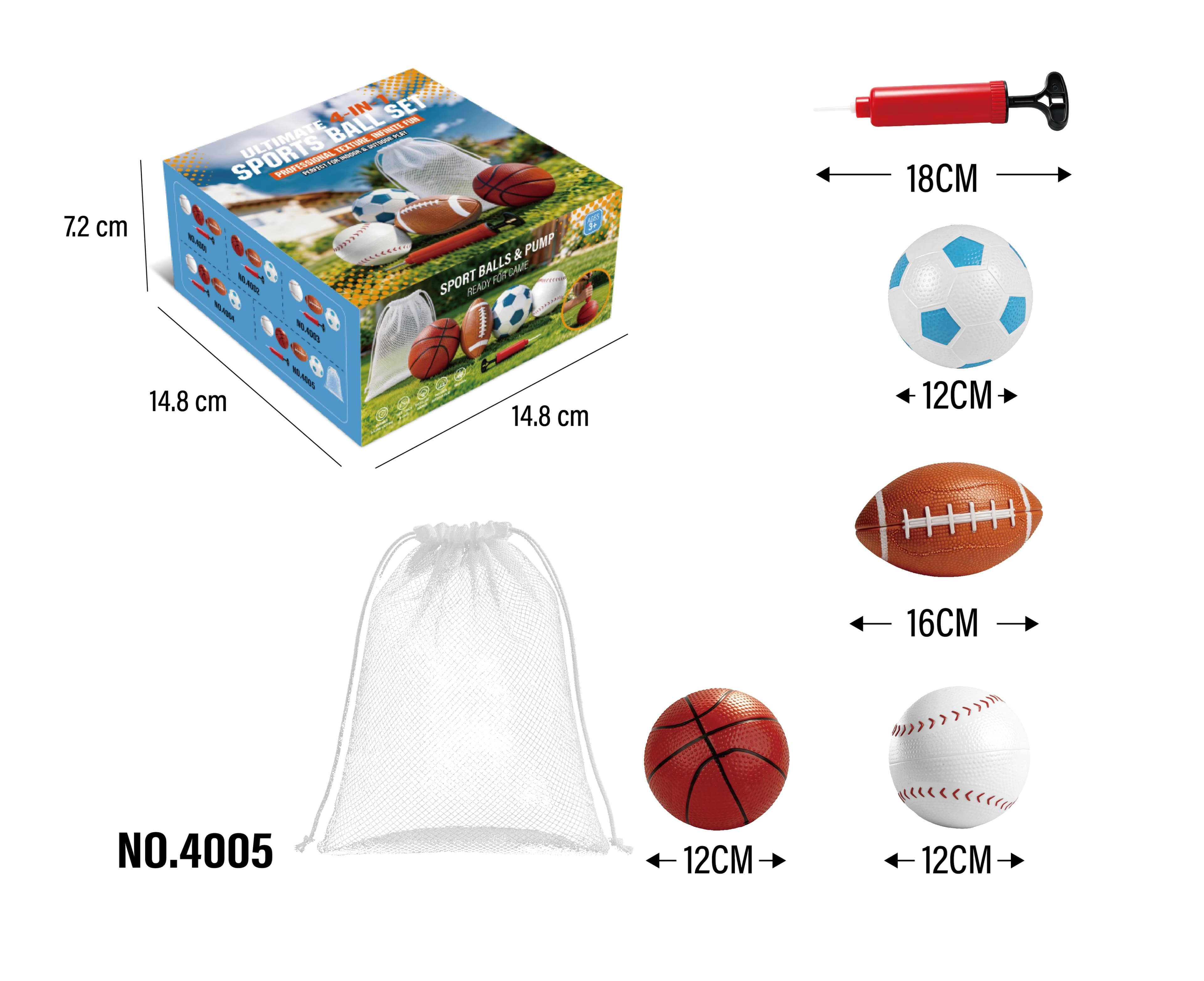 Football + Rugby + Baseball + Basketball Four-Piece Set (Includes Air Pump and Mesh Bag)