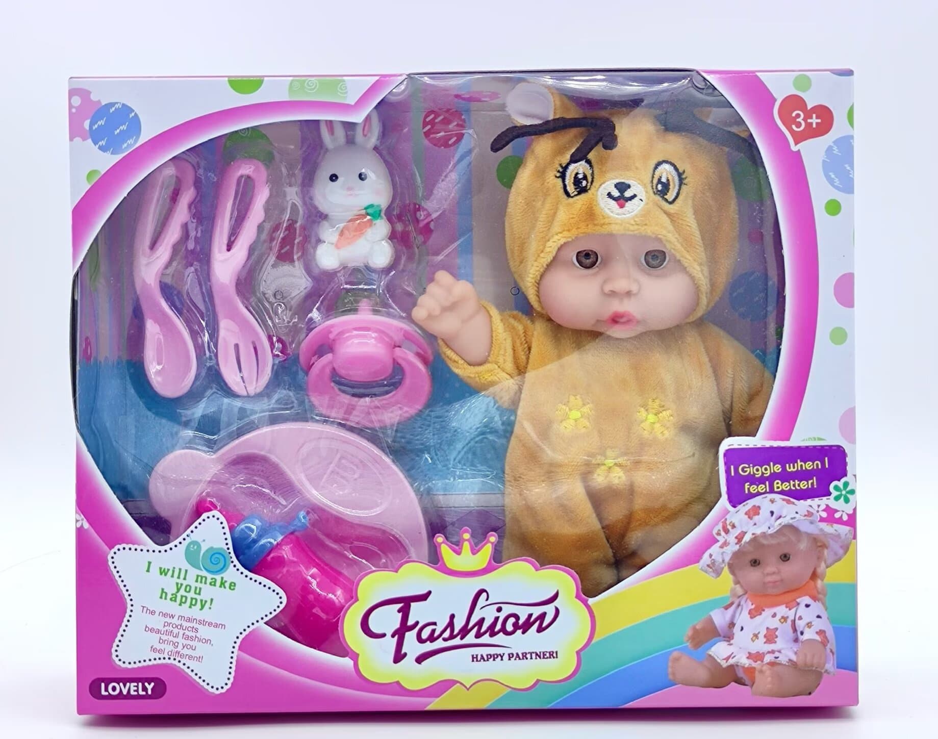 8-inch Vinyl Boy Doll with Feeding Set, Bottle, Pacifier, and Rabbit