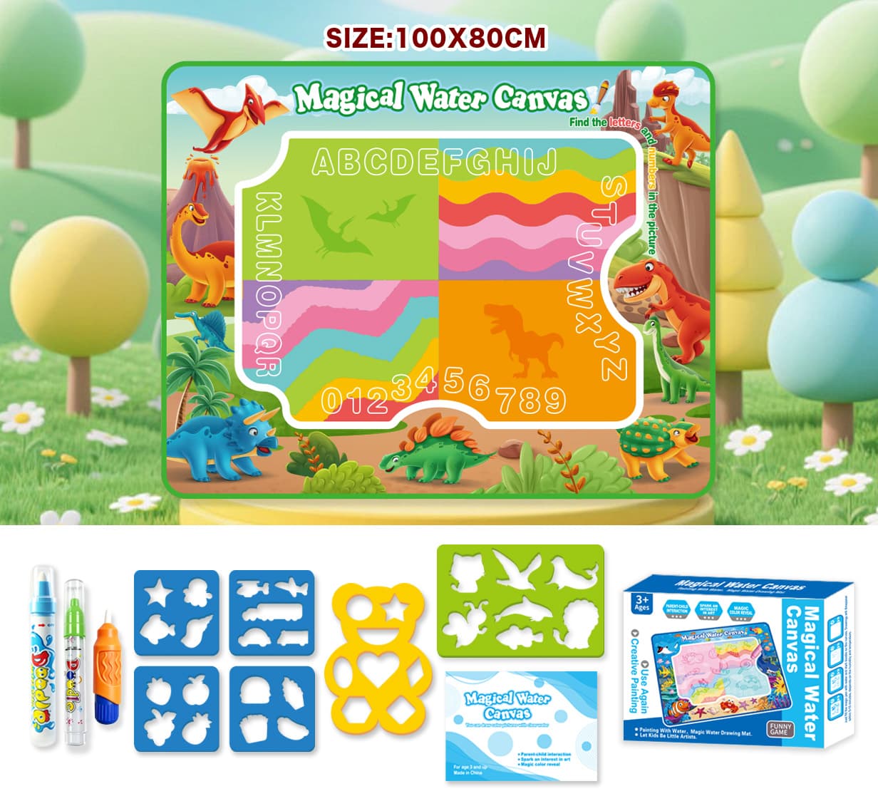 Children's Magic Water Drawing Mat, Doodle Magic Cloth, Educational Science Teaching Painting Toy (Dinosaur Theme) 100X80CM