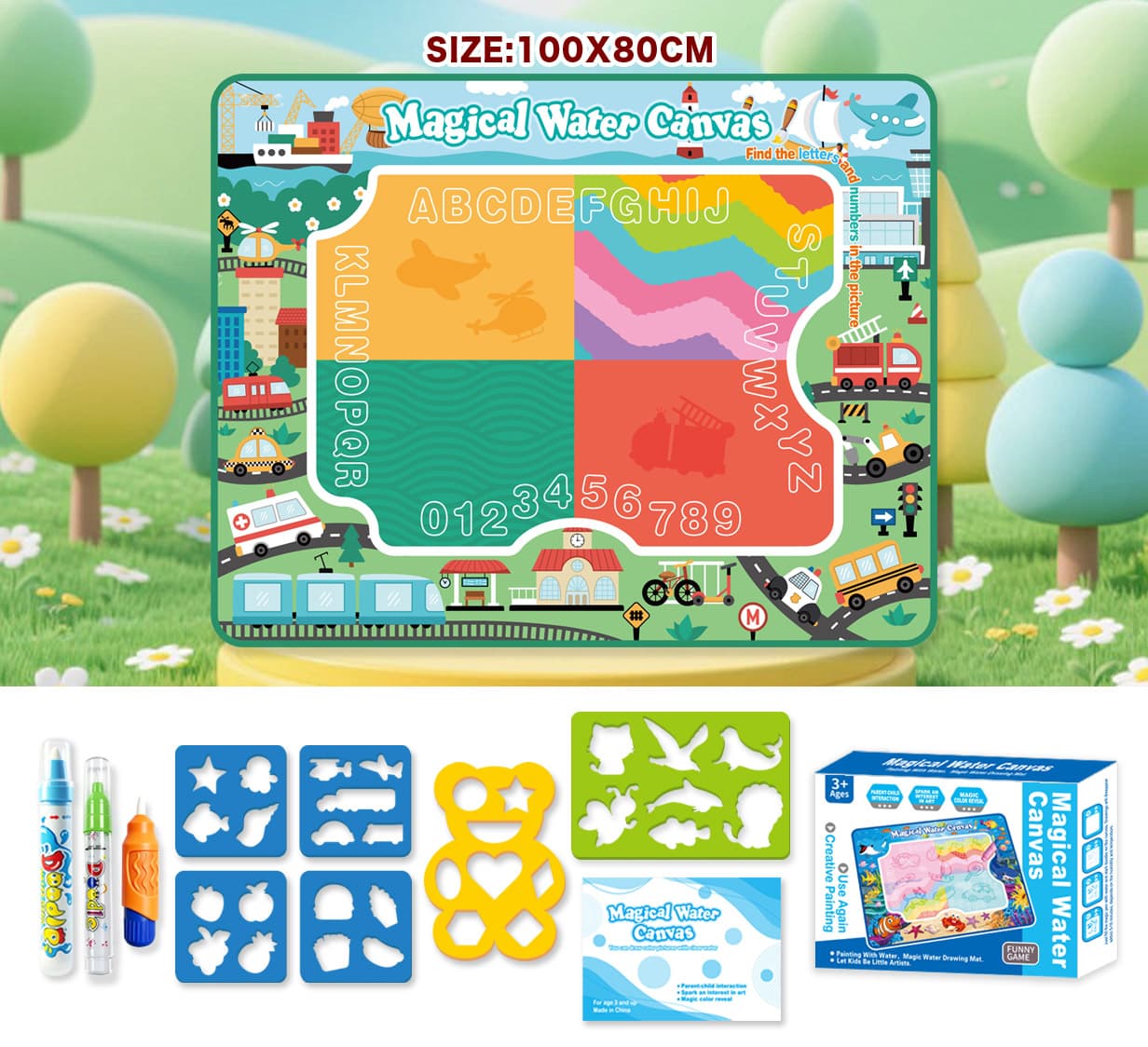 Children's Magical Water Drawing Mat - Doodle Magic Cloth Educational Toy (Transportation Theme) 100X80CM