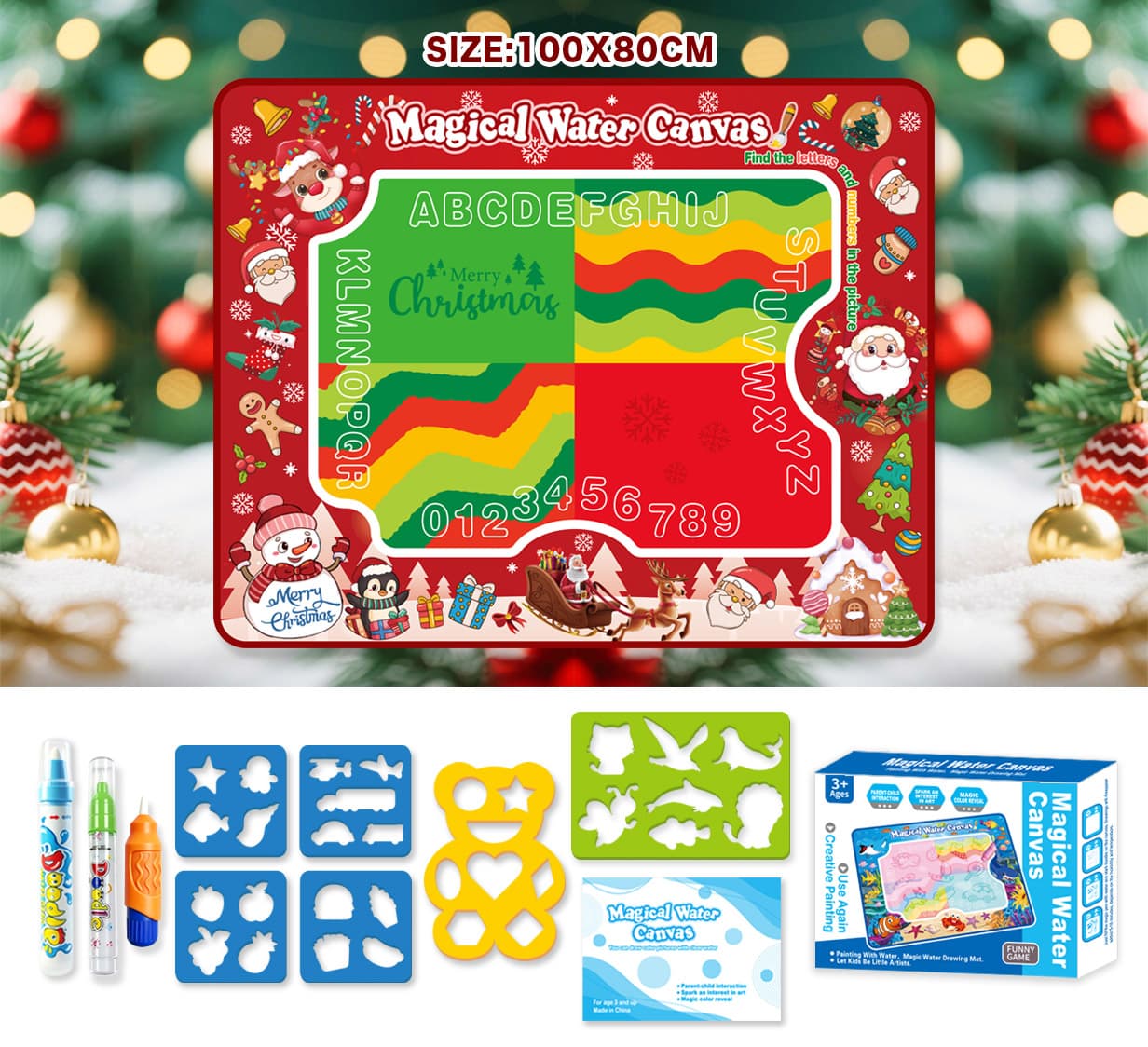 Children's Magical Water Canvas Doodle Magic Cloth Science Educational Drawing Toy (Christmas Theme) 100X80CM