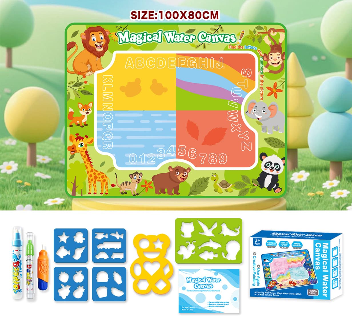 Children's Magic Water Drawing Mat - Doodle Magic Cloth Educational Toy (Animal Theme) 100X80CM