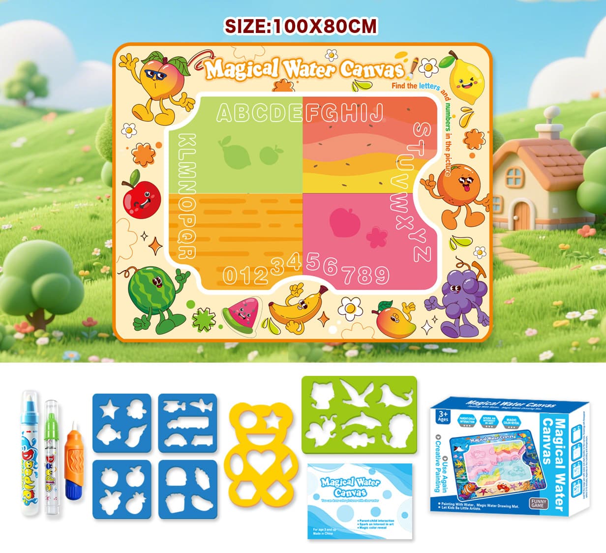 Magic Water Drawing Mat – Educational Doodle Toy for Kids (Fruit Theme) 100X80CM