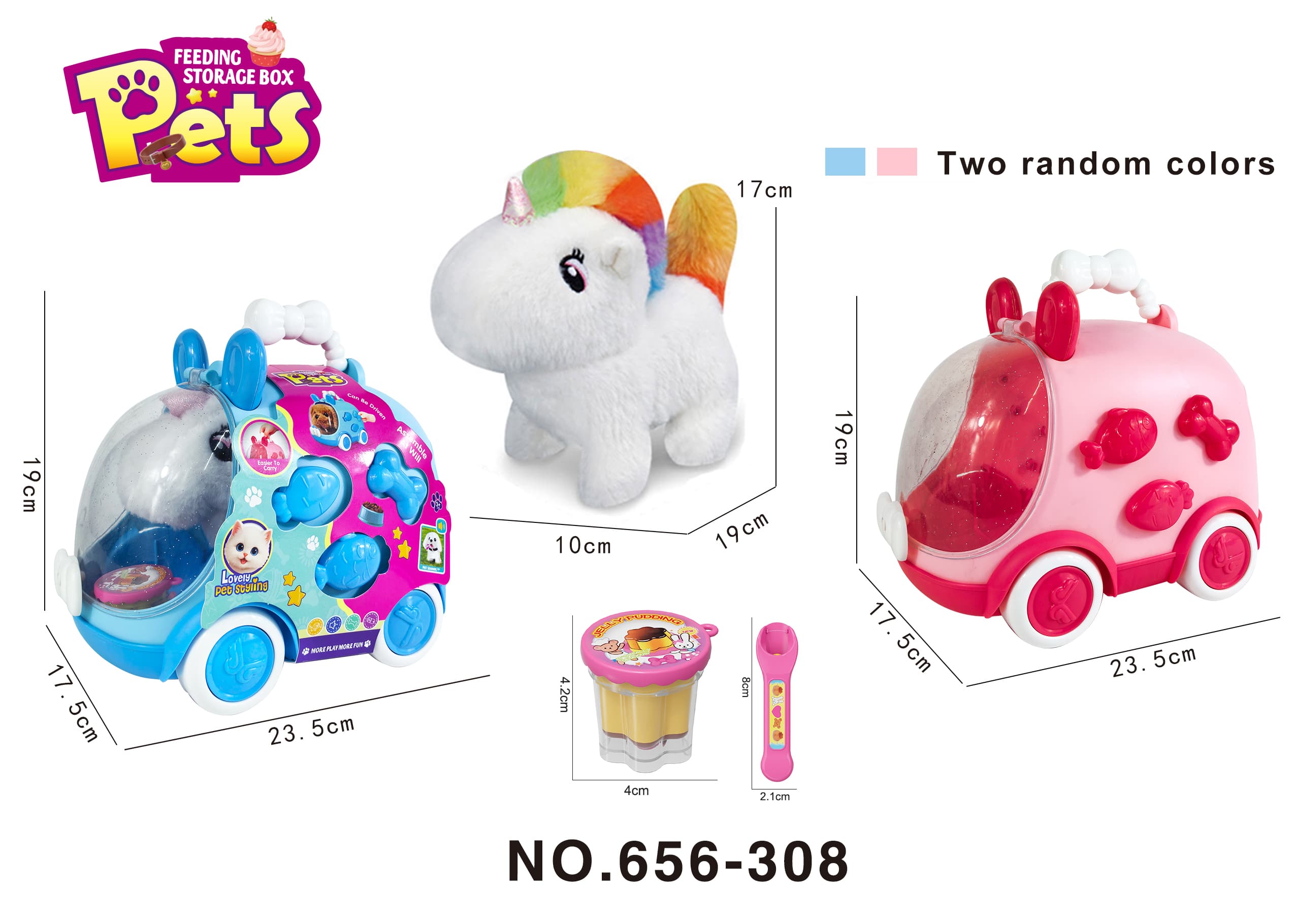 Pretend Play Educational Pet Feeding Set - Electric Plush Unicorn Feeding Toy DIY Cartoon Car Handheld Storage Box (Blue/Pink Random)