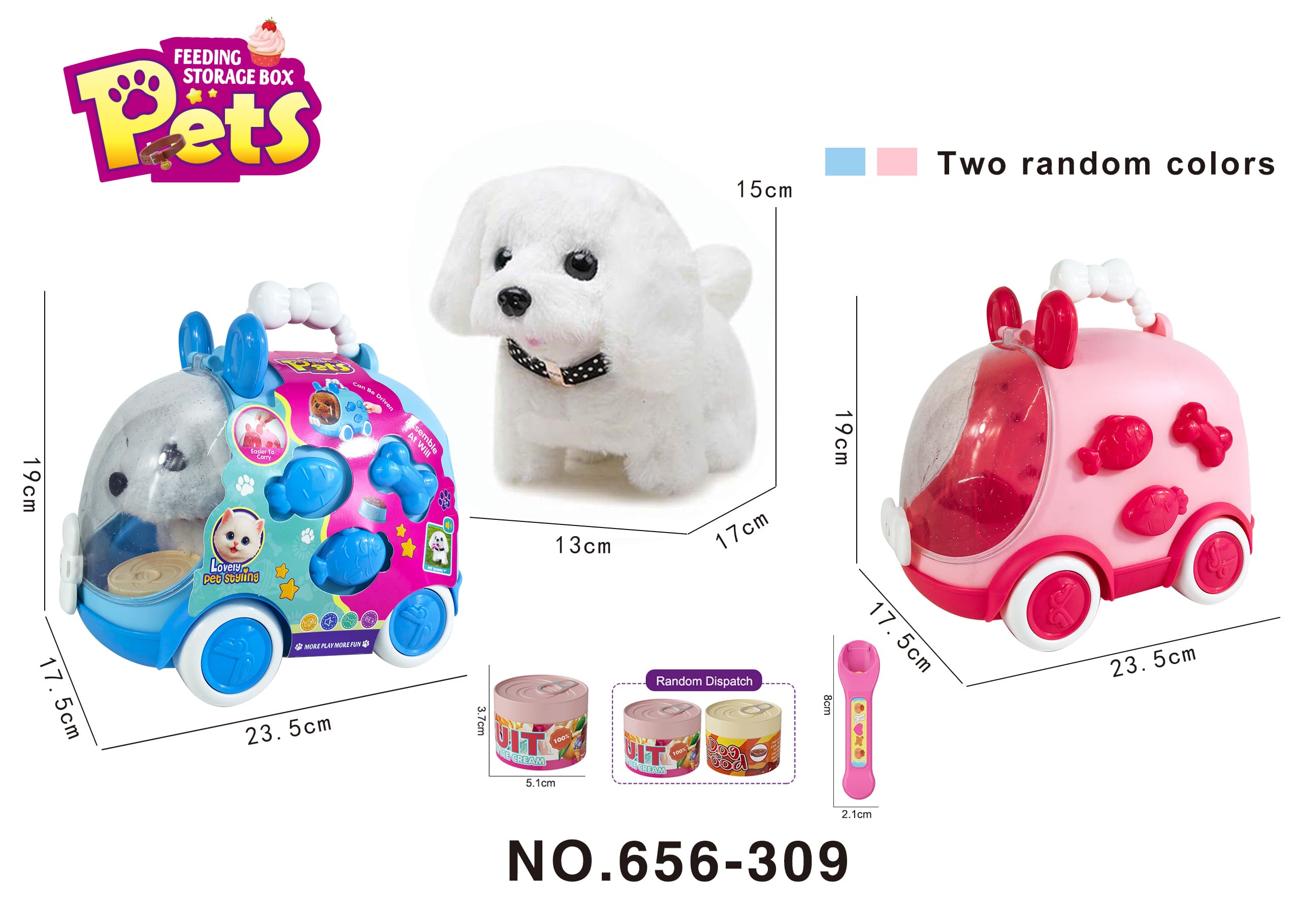 Pretend Play Smart Pet Feeding Set - Electric Plush Puppy Feeding Toy DIY Cartoon Car Hand Carry Storage Box (Blue/Pink Random)