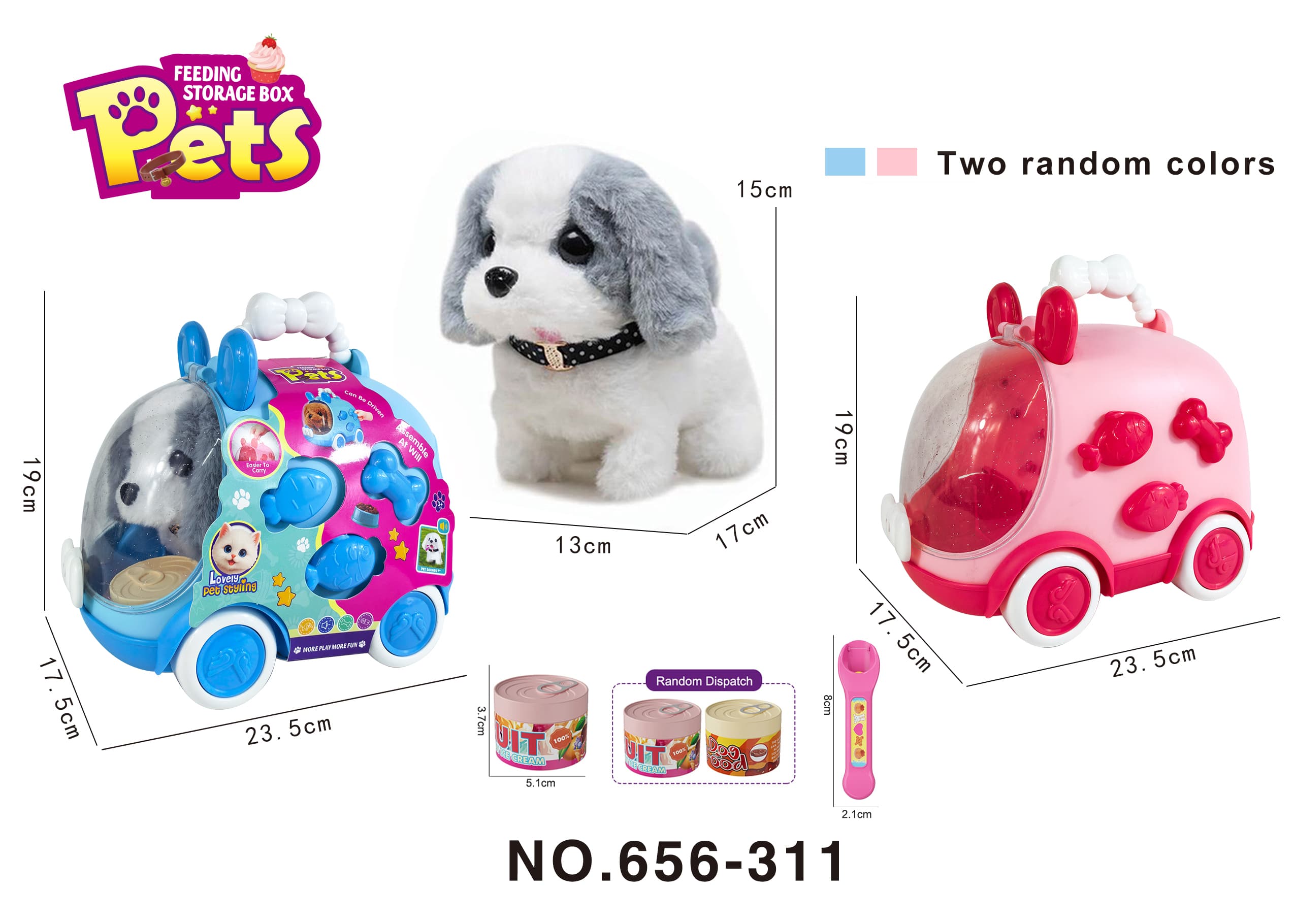 Pretend Play Educational Pet Feeding Set - Electric Plush Gray Dog Feeding Toy DIY Cartoon Car Hand Carry Storage Box (Blue/Pink Random)