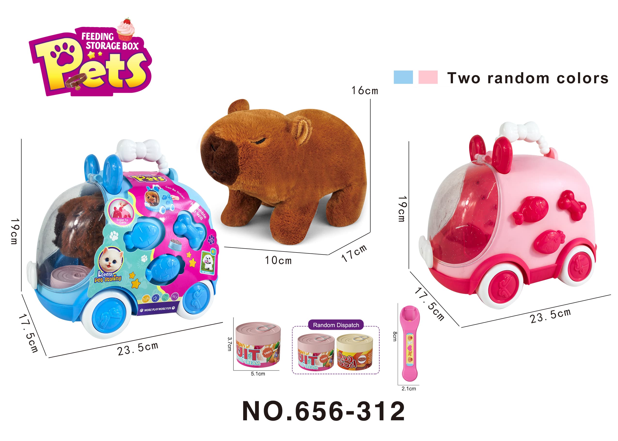 Pretend Play Educational Pet Feeding Set - Electric Plush Capybara Feeding Toy DIY Cartoon Car Hand Carry Storage Box (Blue/Pink Random)