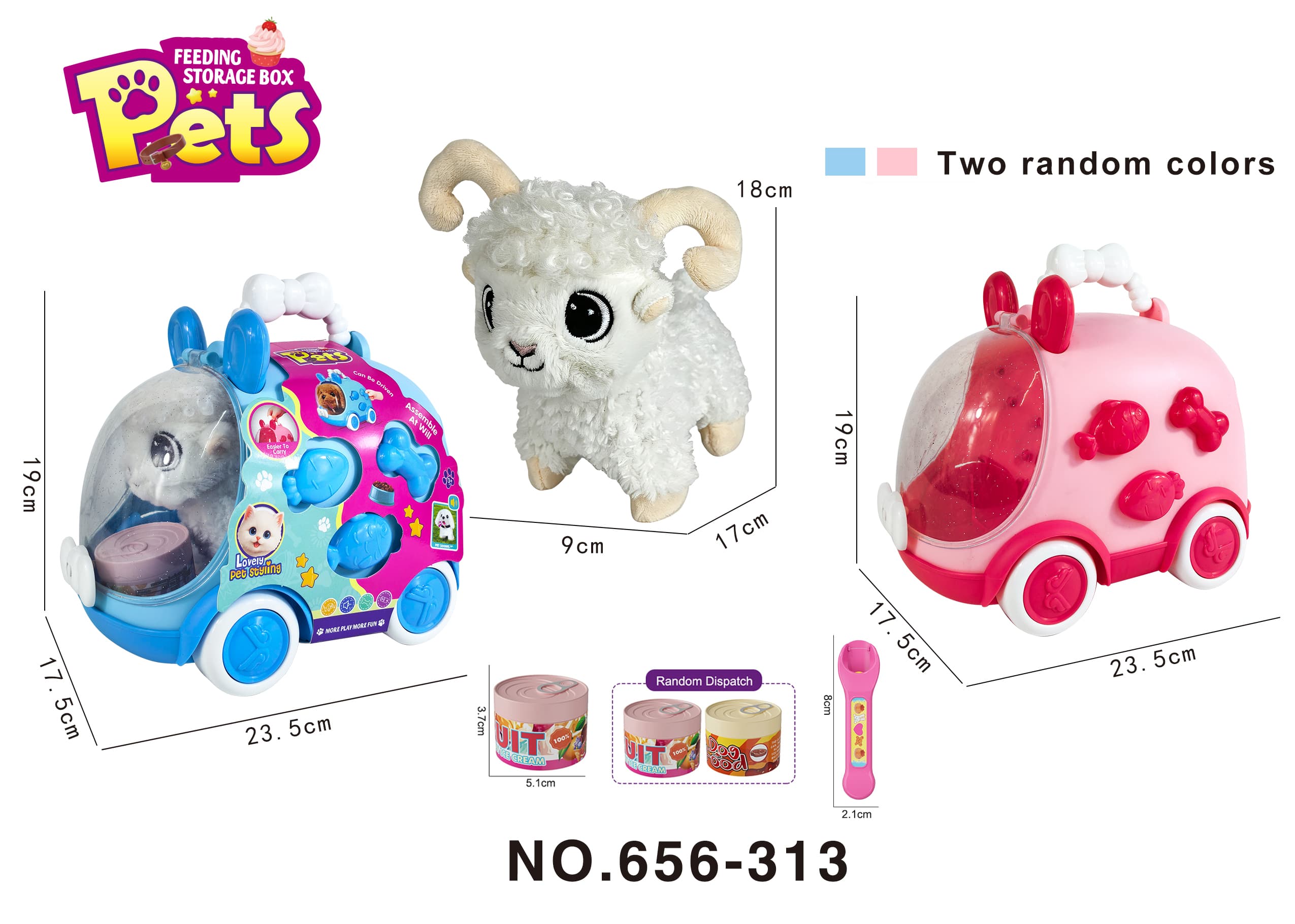 Pretend Play Smart Pet Feeding Set - Electric Plush Sheep Feeding Toy DIY Cartoon Car Hand Carry Storage Box (Blue/Pink Random)