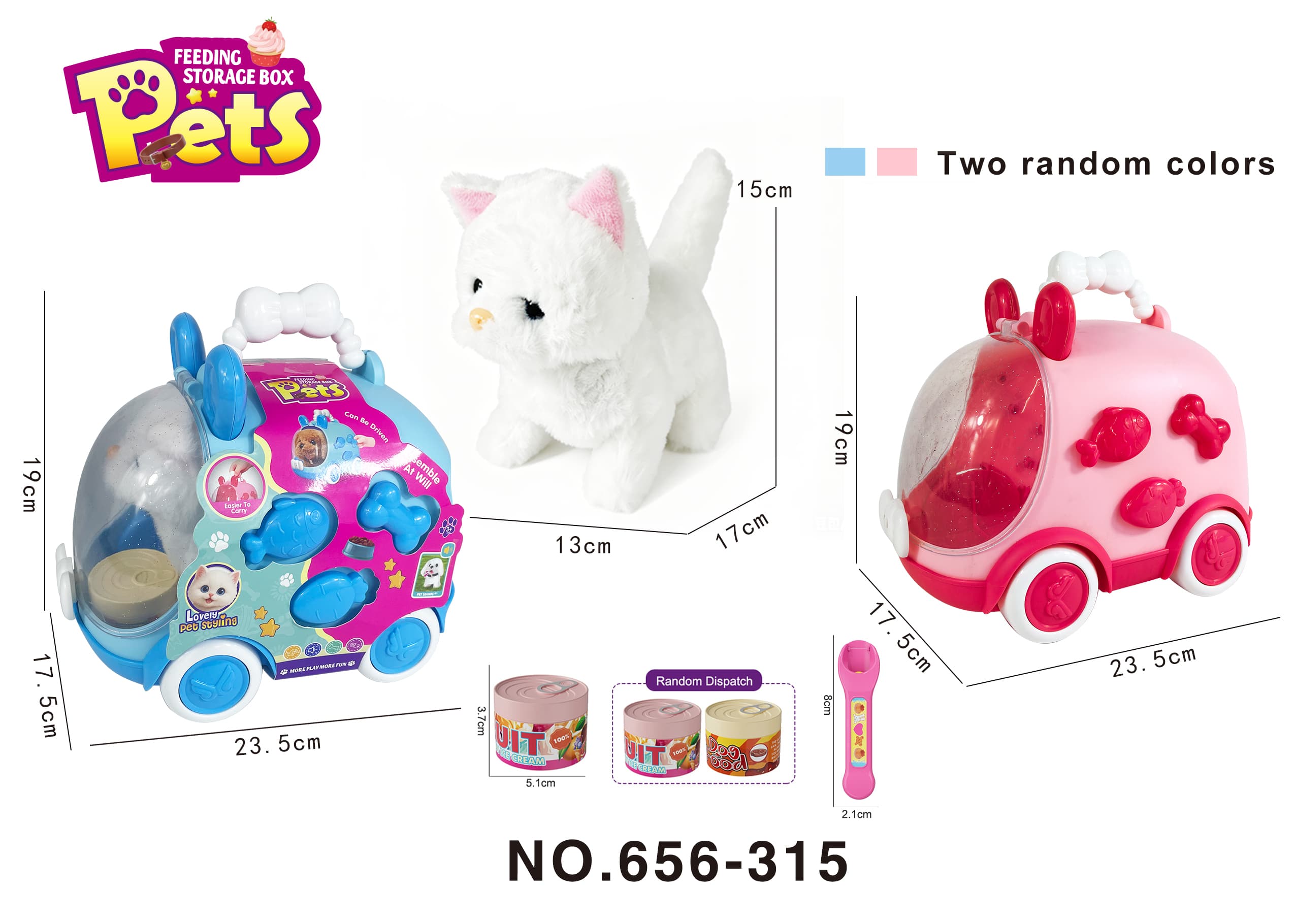 Role-Playing Pet Feeding Set - Electric Plush Bobtail Cat Feeding Toy DIY Cartoon Handheld Storage Box (Random Blue/Pink)