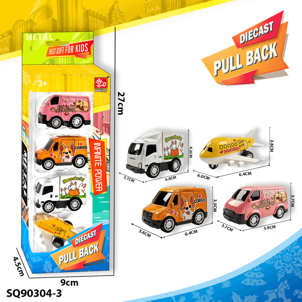 Alloy Pull-Back Q-Version City Transport Vehicles, Trucks, Vans, Airplanes