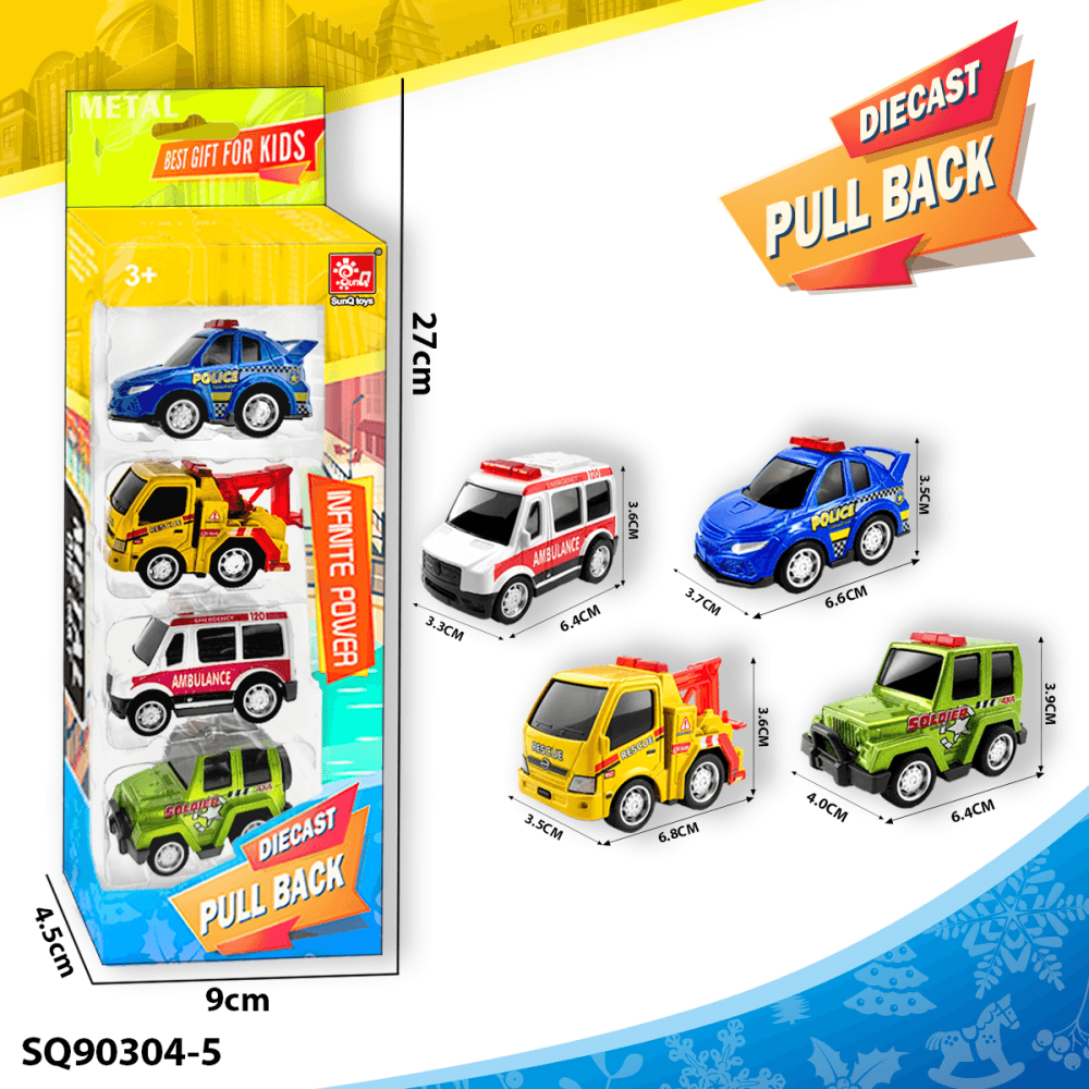 Alloy Pull-Back Mini City Rescue Vehicles, Police Car, Ambulance, Off-Road Vehicle