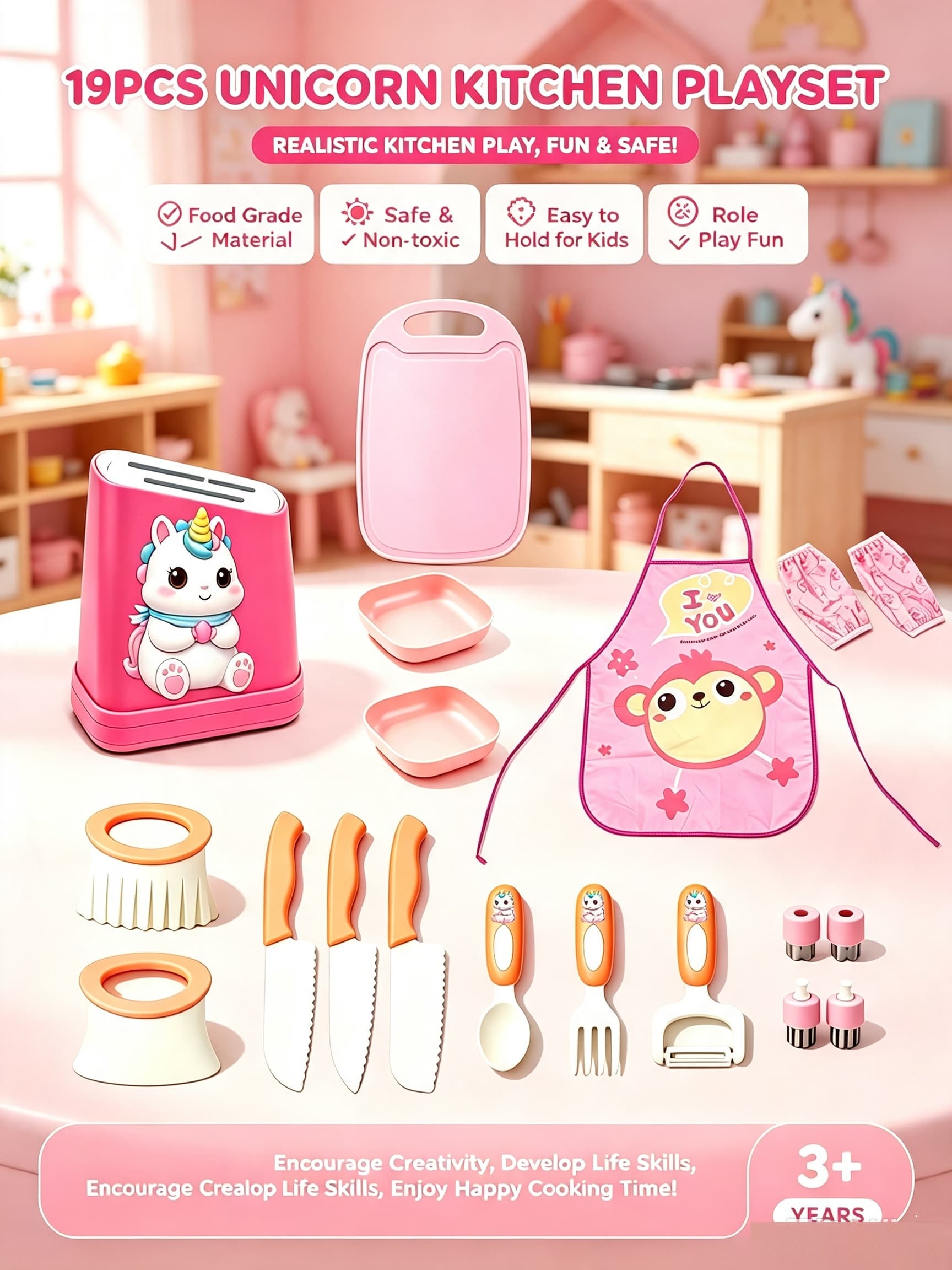Unicorn 19-Piece Realistic Kitchen Pretend Play Toy Set