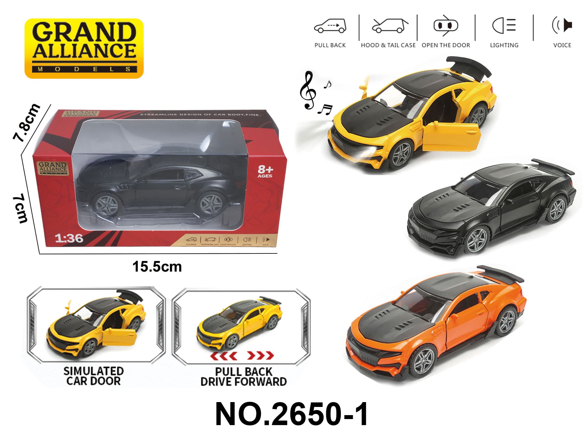 1:36 Scale Die-Cast Chevy Bumblebee with Lights and Music - 3 Colors Assorted