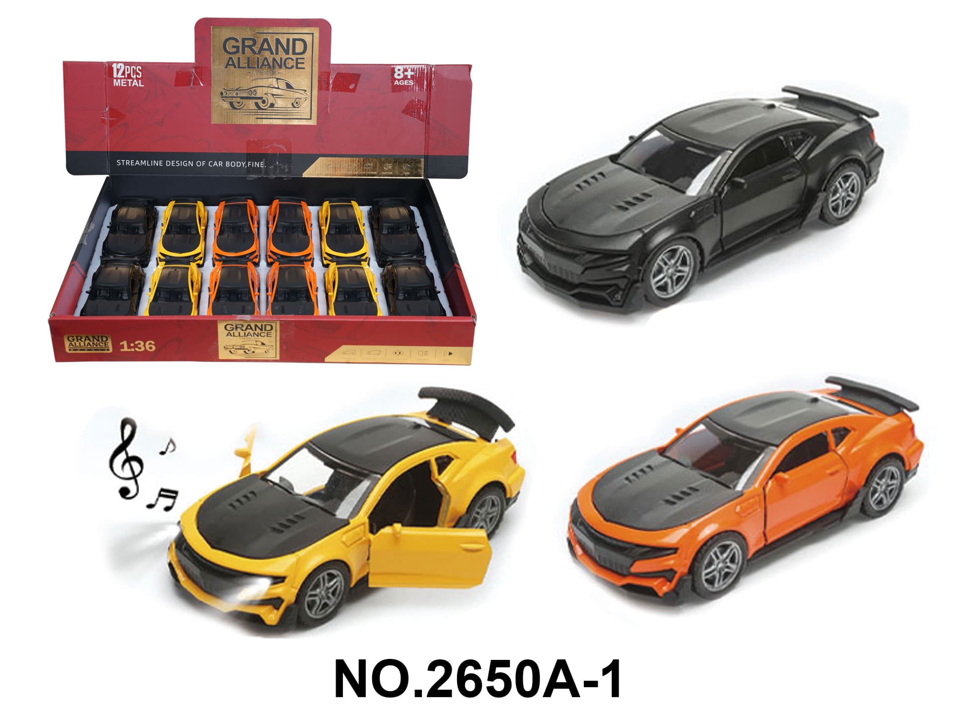 1:36 Scale Die-Cast Chevy Bumblebee with Lights and Music - 3 Colors Assorted