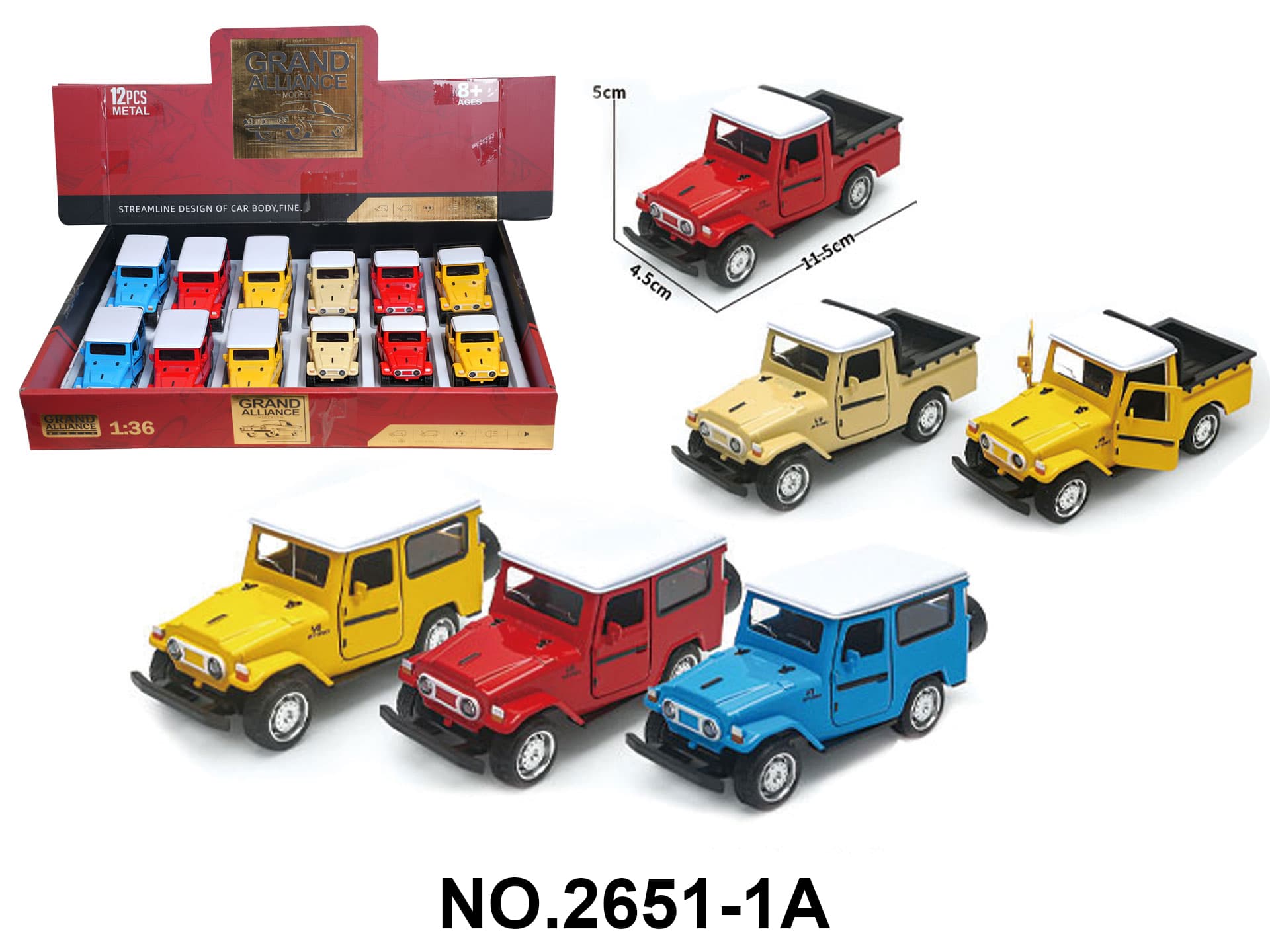 1:36 Scale Alloy Die-Cast Toy Car - Retro Toyota Pickup (2 Styles Mixed, 12 Pieces/Box)