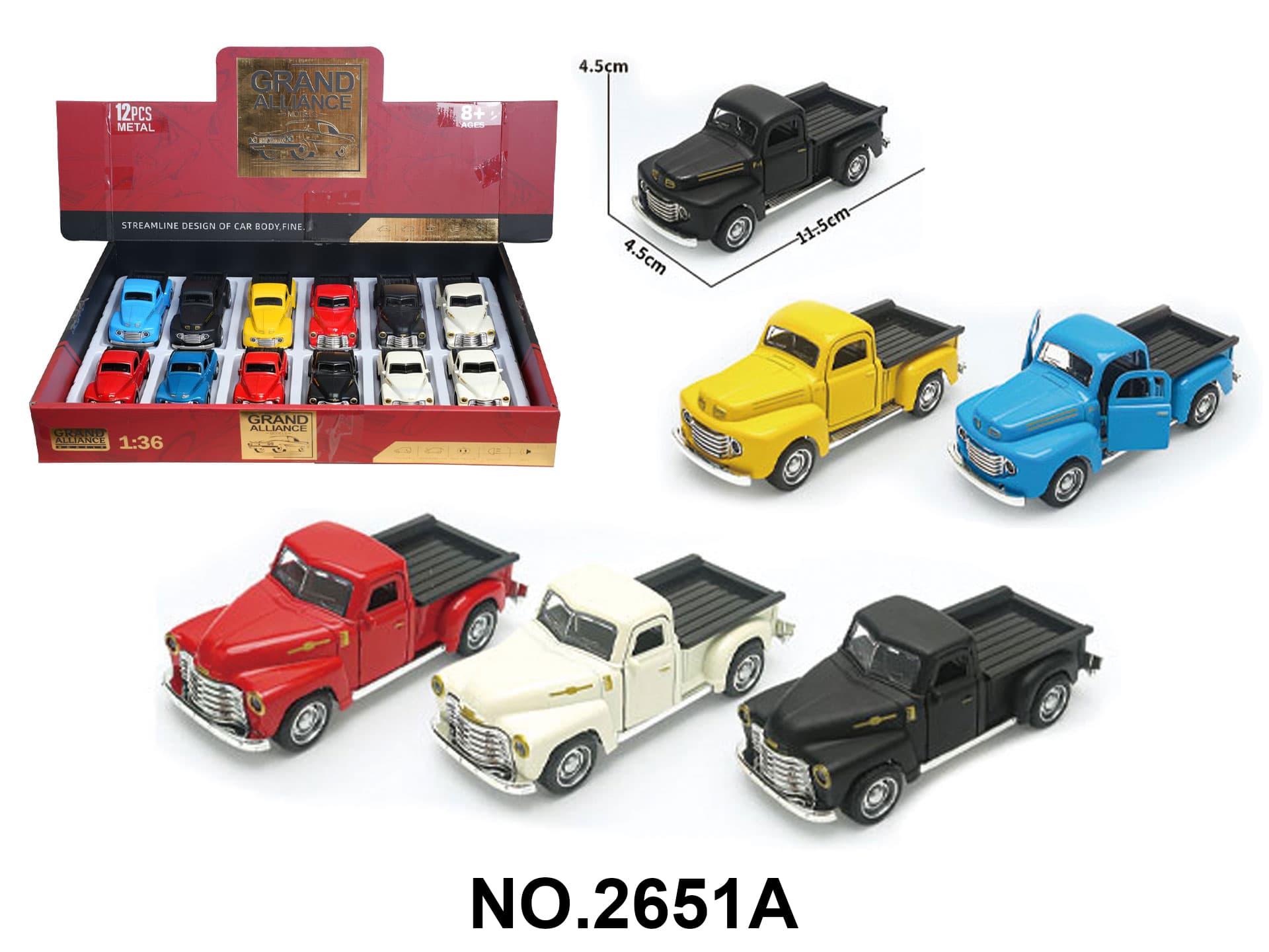1:36 Scale Pull Back Alloy Car Model - Vintage Ford/Chevrolet Pickup Trucks (2 Styles Mixed, 12 Pieces/Box)