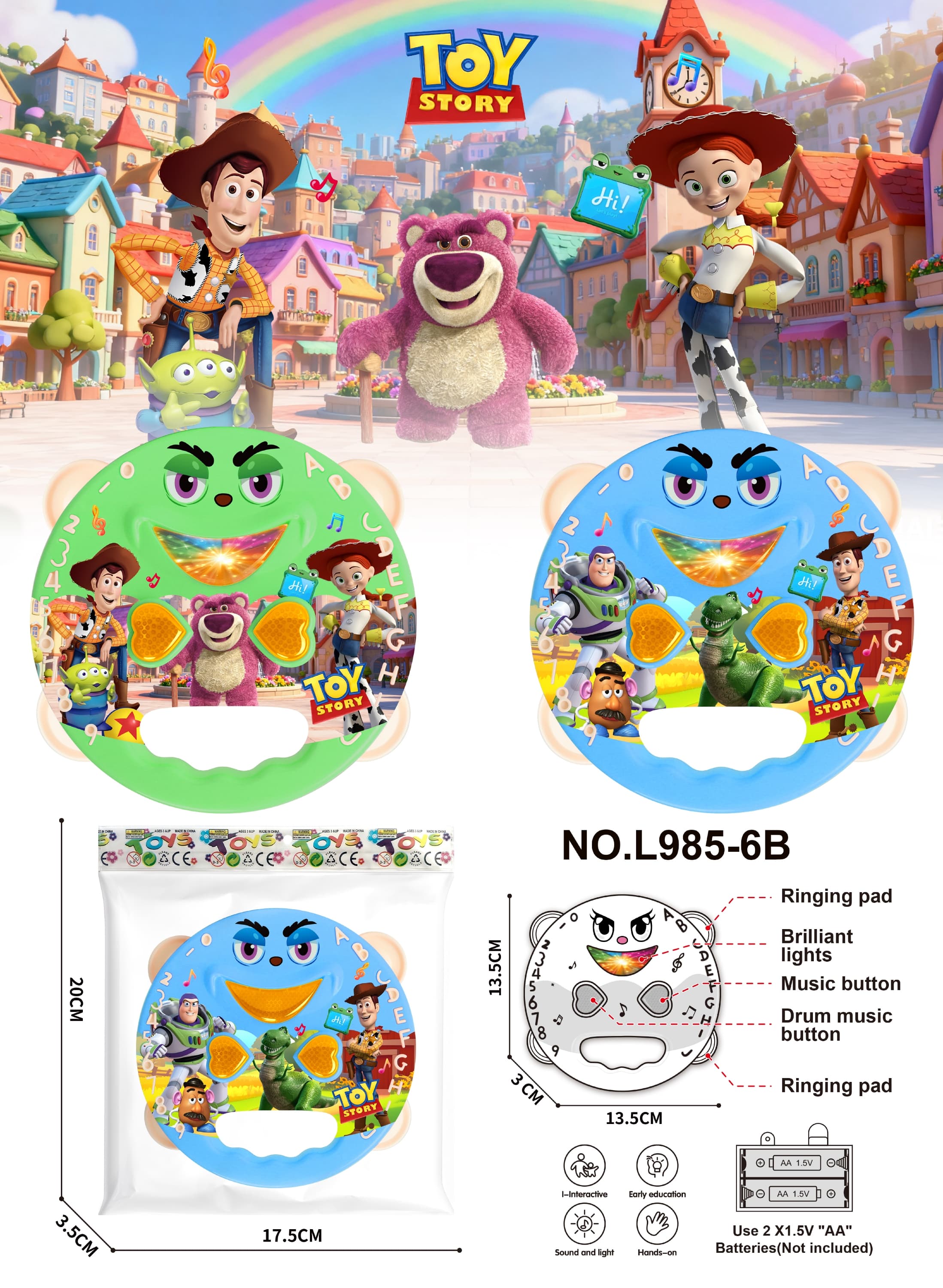 Toy Story - Sound and Light Musical Hand Shaker Rattle, Baby Rattle, Electric Tambourine (Batteries Not Included), Customizable Design Available