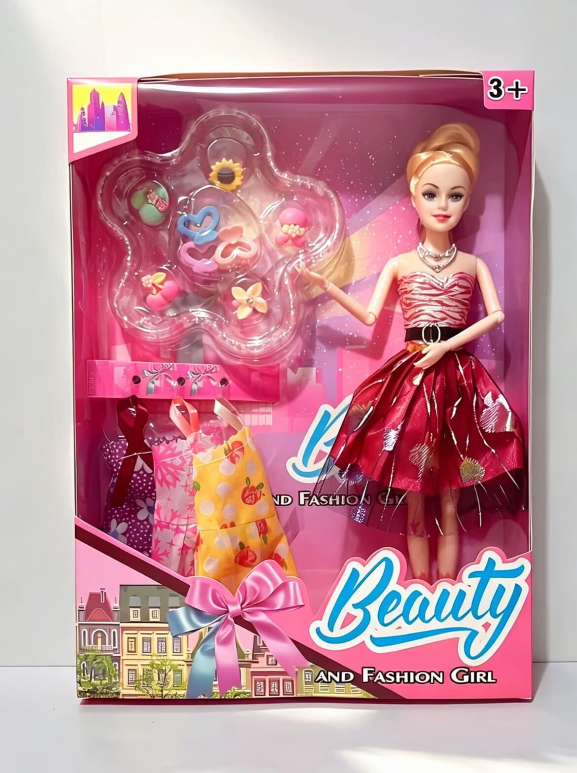 11.5" Solid Barbie Doll with Articulated Joints (Big Feet) (Shoes, Necklace) + Floral Accessory Suction Pads + 3 Outfits Set