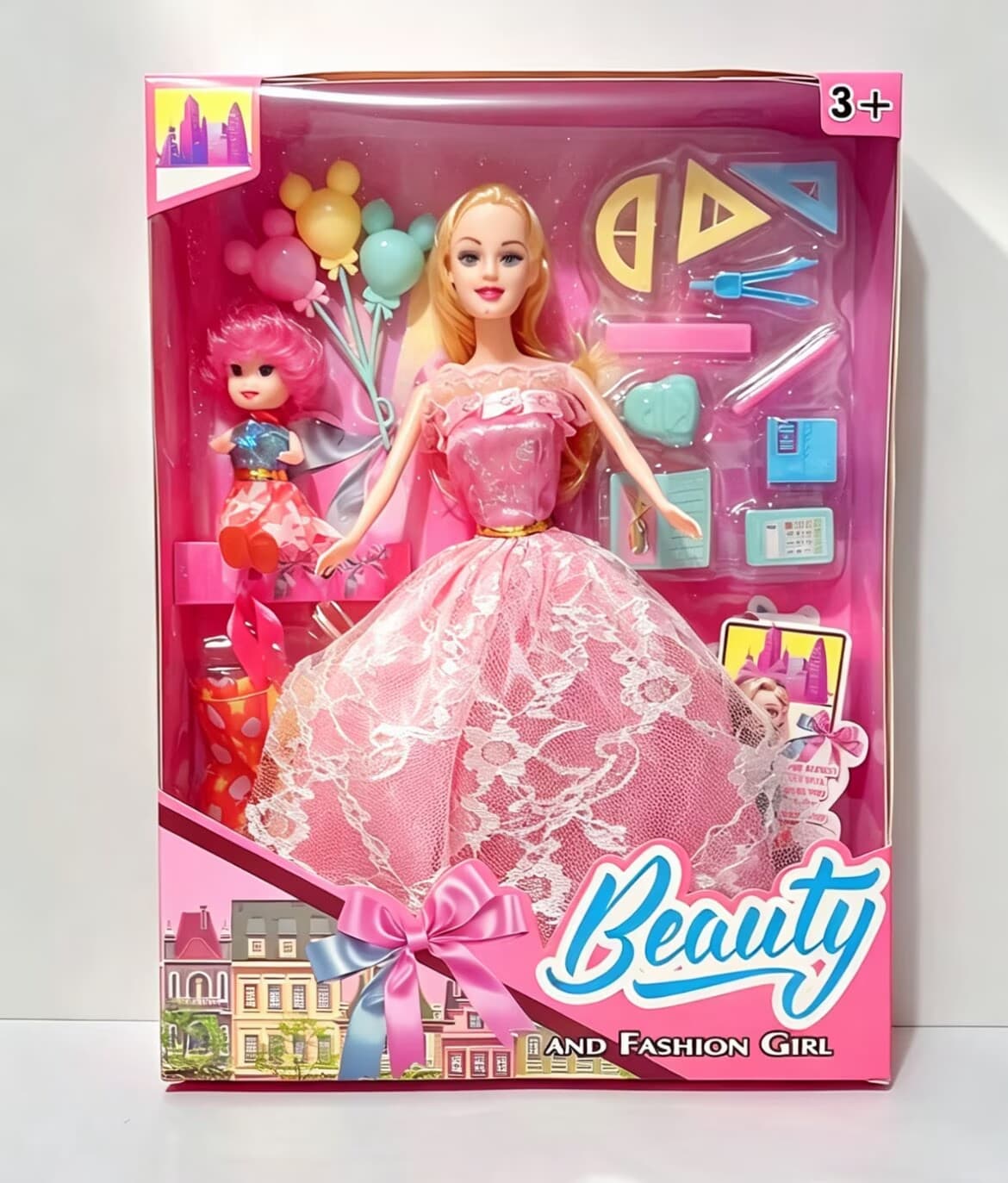 11.5-inch Solid Body Barbie Doll with Articulated Hands + 3.5-inch Little Kelly + Mickey Balloon + Learning Tool Suction Pads + 2 Outfits Set