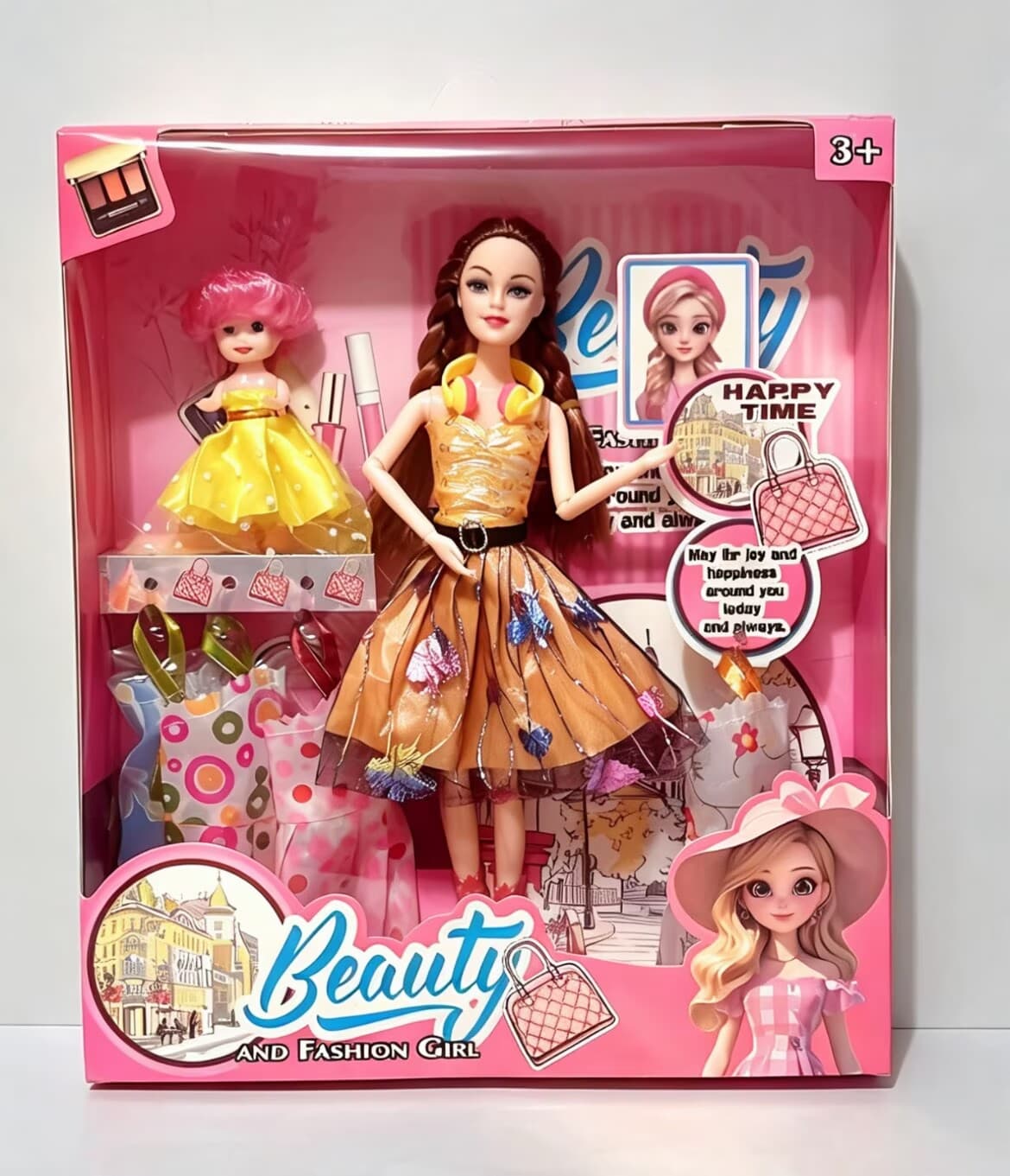 11.5-inch Solid Barbie Doll with Articulated Joints (Big Feet) (Shoes) + Mini Headphones + 3.5-inch Mini Kelly + 4-Piece Outfit Set