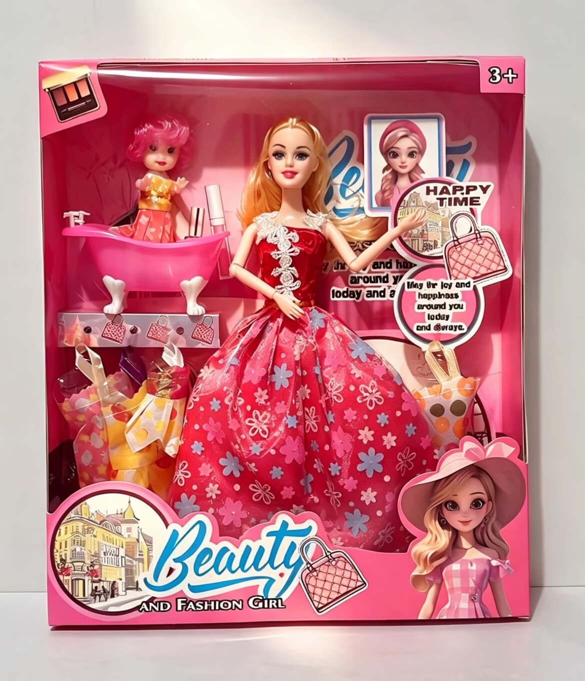 11.5" Solid Barbie Doll with Articulated Joints + Bathtub + 3.5" Kelly + 4 Outfits Set
