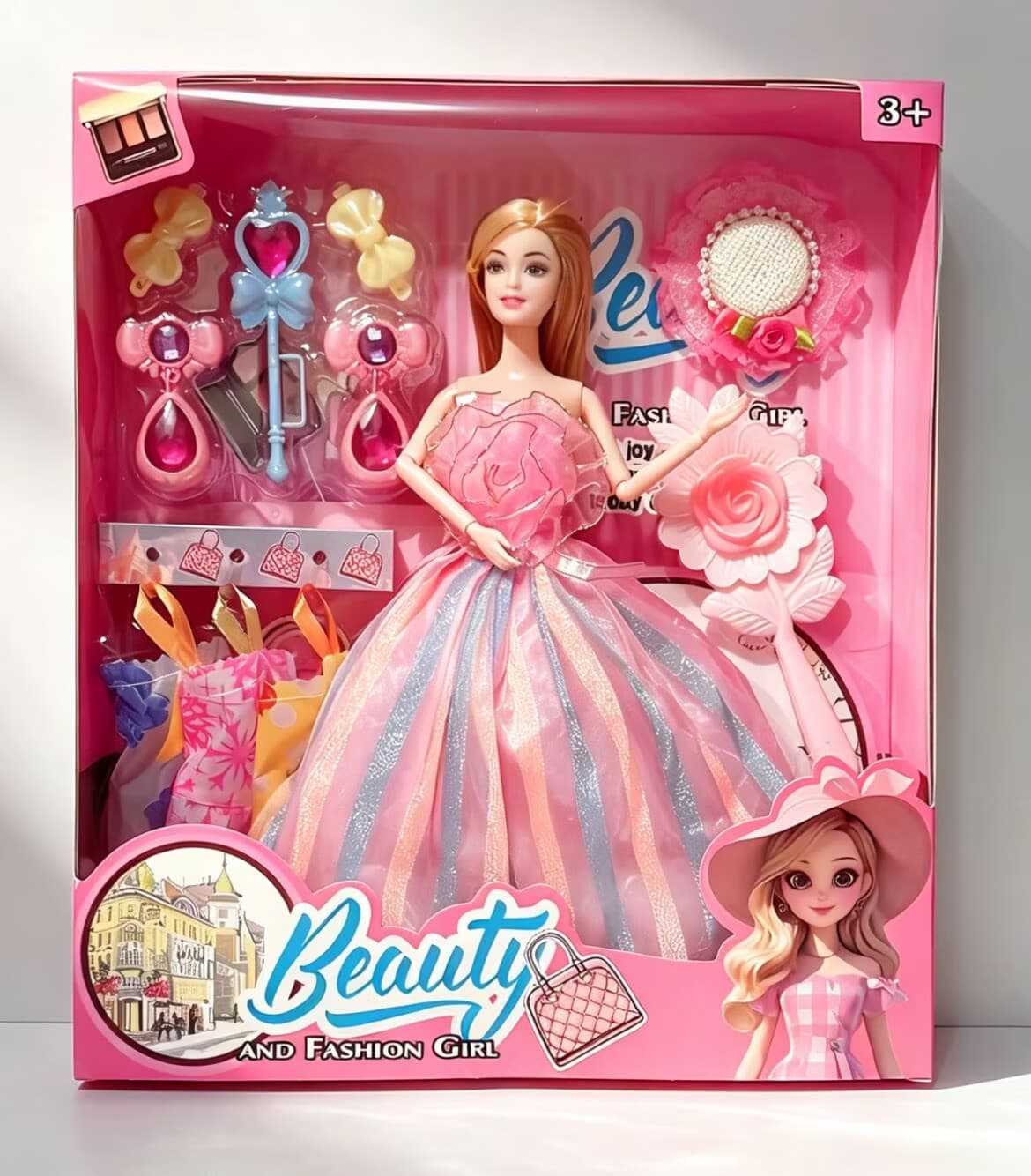 11.5-inch Solid Barbie Doll with Articulated Joints + Earring Magic Wand Suction Cups + Exquisite Floral Hat + Large Flower Comb + 3 Outfits Set