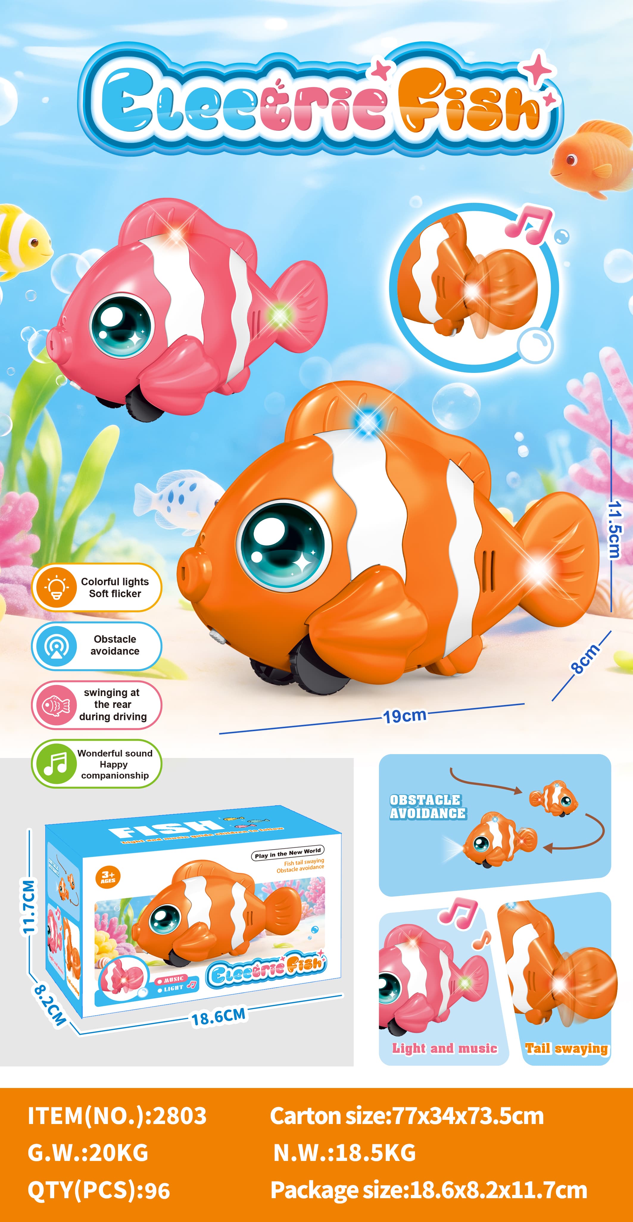 Electric Toy Light Music Sliding Swing Cute Fish (English Color Box)