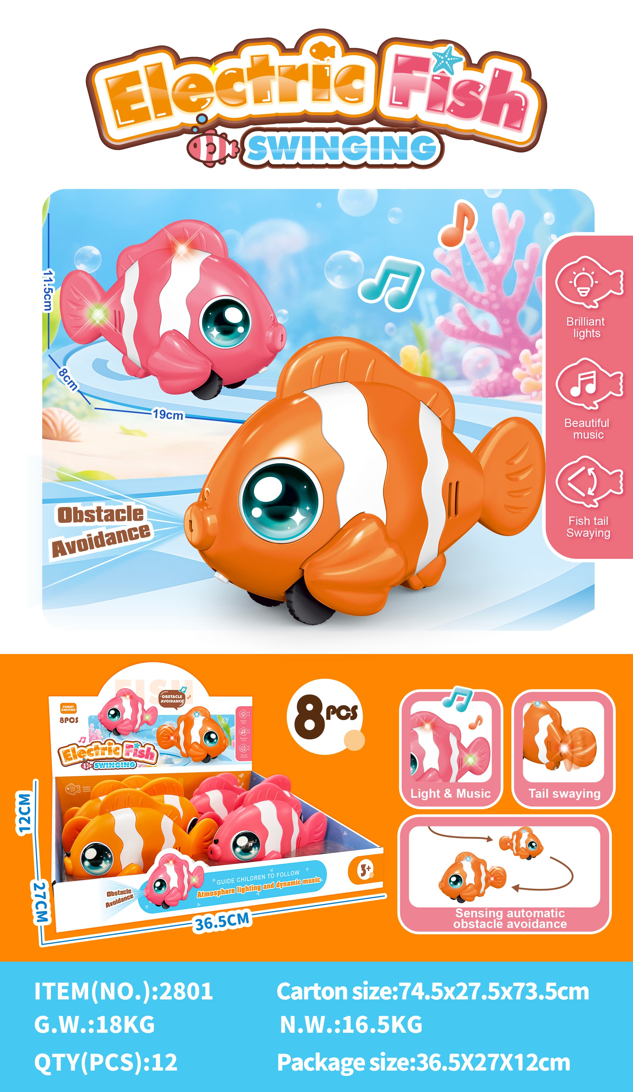 Electric Toy Light Music Sliding Swing Cute Fish (English Display Box)