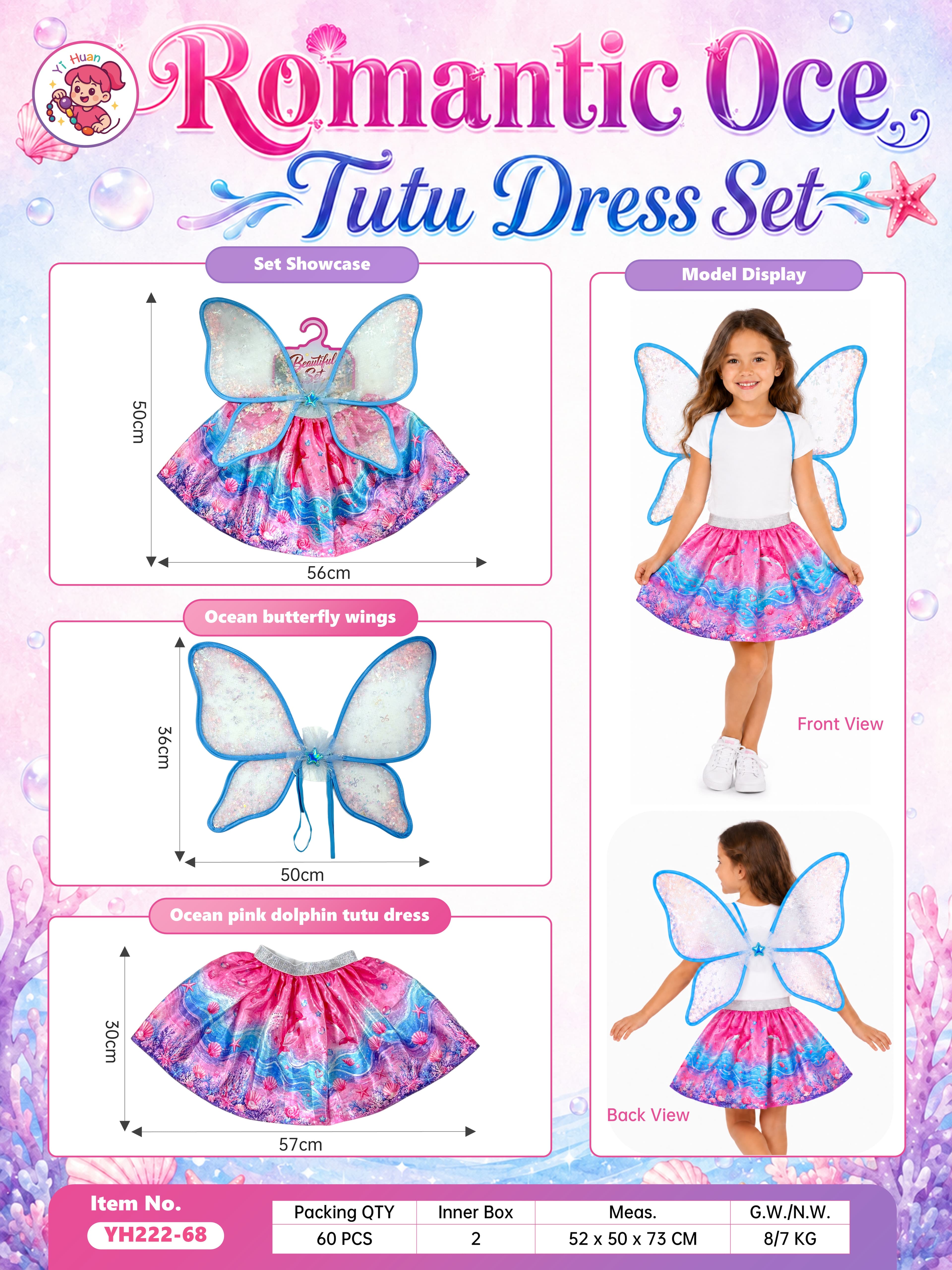 Romantic Ocean Theme Girls' Toy Holiday Party Dress Stage Costume Pink Lucky Dolphin Princess Outfit Pretend Play Dress with Butterfly Wings Two-Piece Set