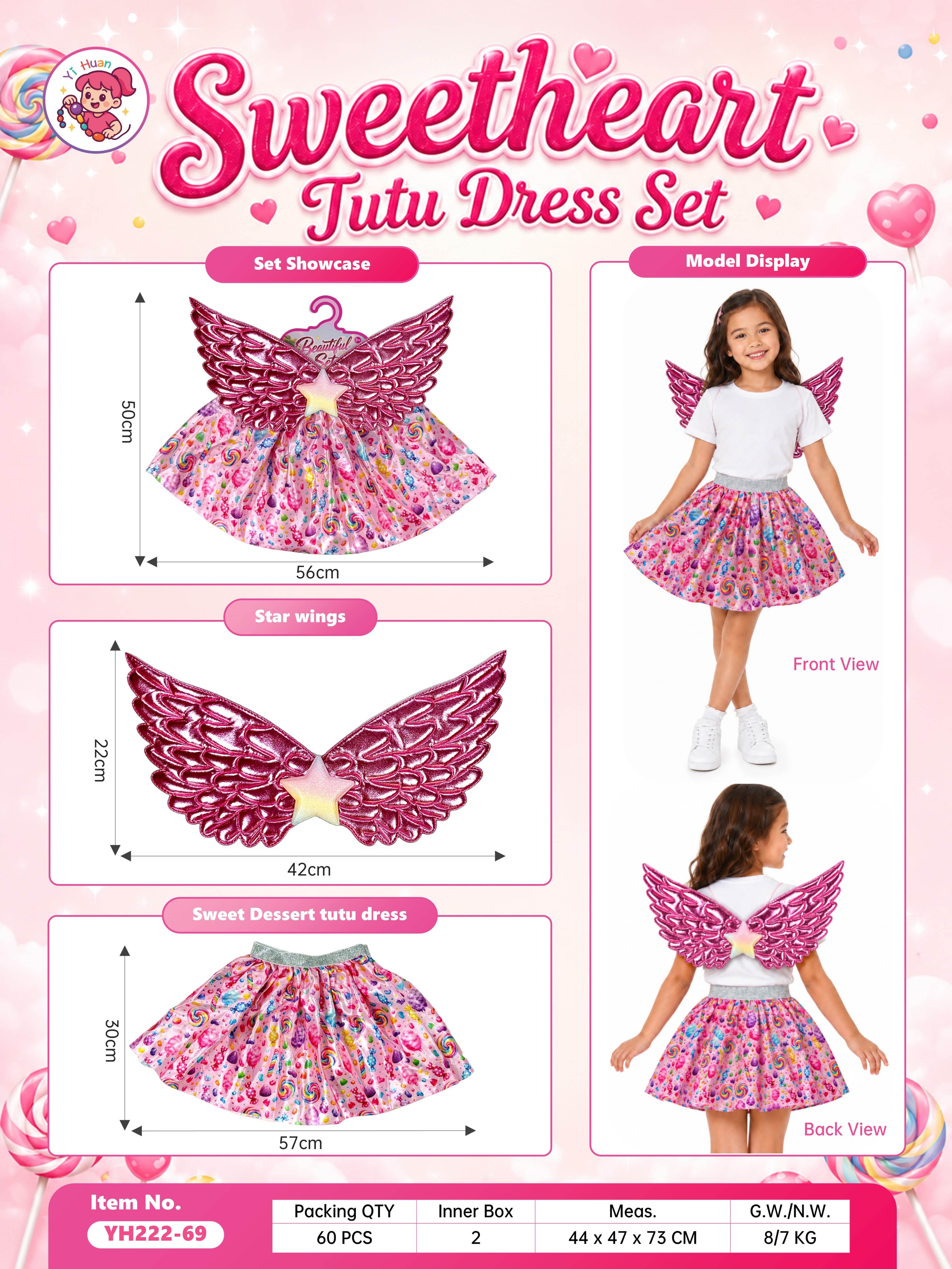 Sweetheart Dessert Theme Girls' Toy Party Dress Costume Set, Princess Outfit with Angel Wings, Two-Piece Pretend Play Dress-Up