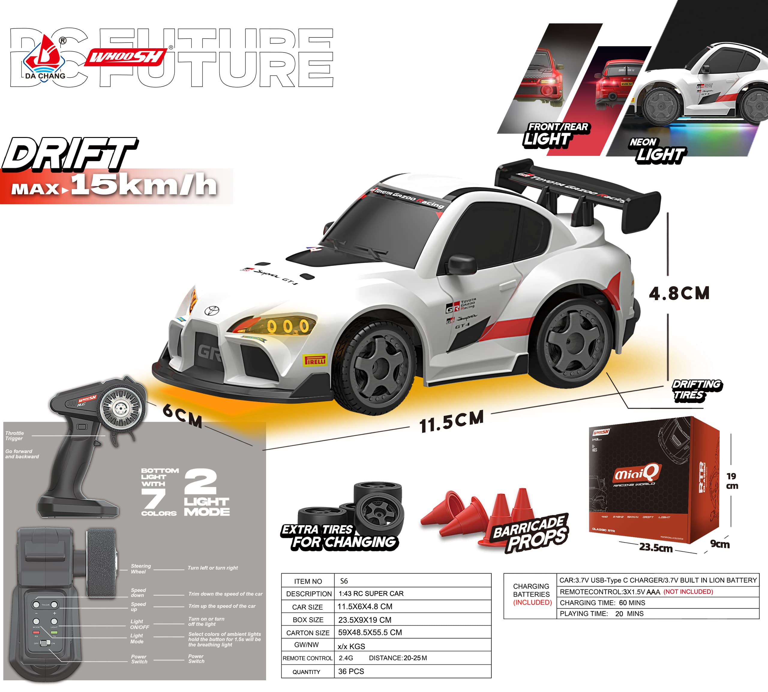 1:43 Scale 2.4G Semi-Proportional Remote Control 4WD Drift Car with Front and Rear Lights, 7-Color Ambient Lighting, 20KM/H (TOYOTA Licensed)