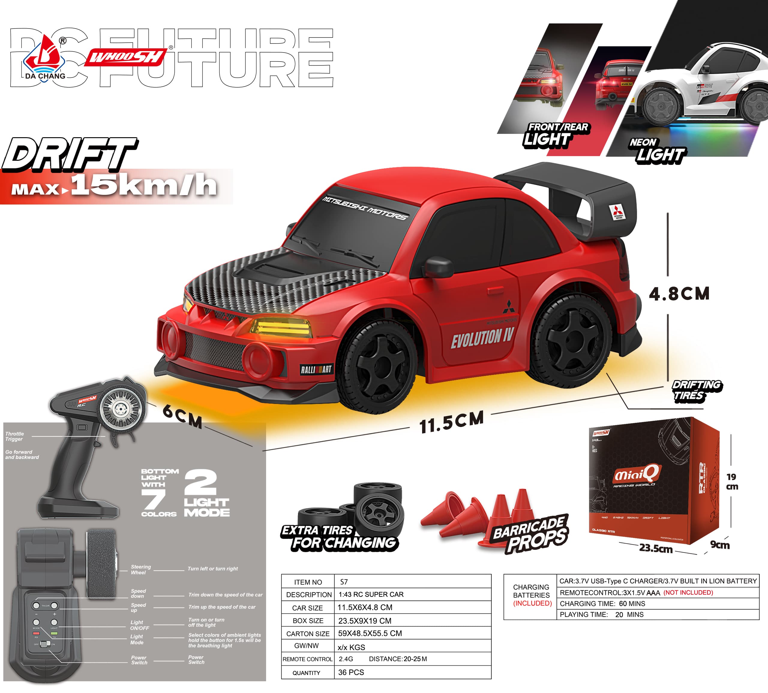 1:43 Scale 2.4G Semi-Proportional Remote Control 4WD Drift Car with Front/Rear Lights, 7-Color Ambient Lighting, 20KM/H (Mitsubishi Licensed)