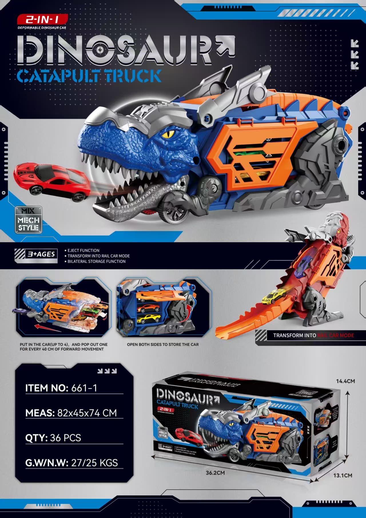 Catapult Dinosaur Car + 4 Tin Cars